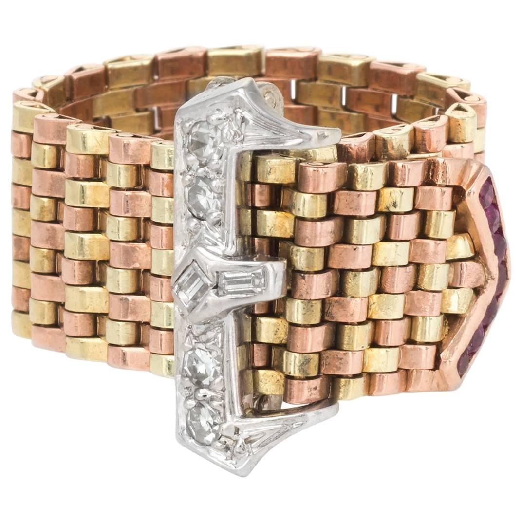 Retro Ruby Diamond Belt Buckle Ring Adjustable Vintage 14 Karat Rose