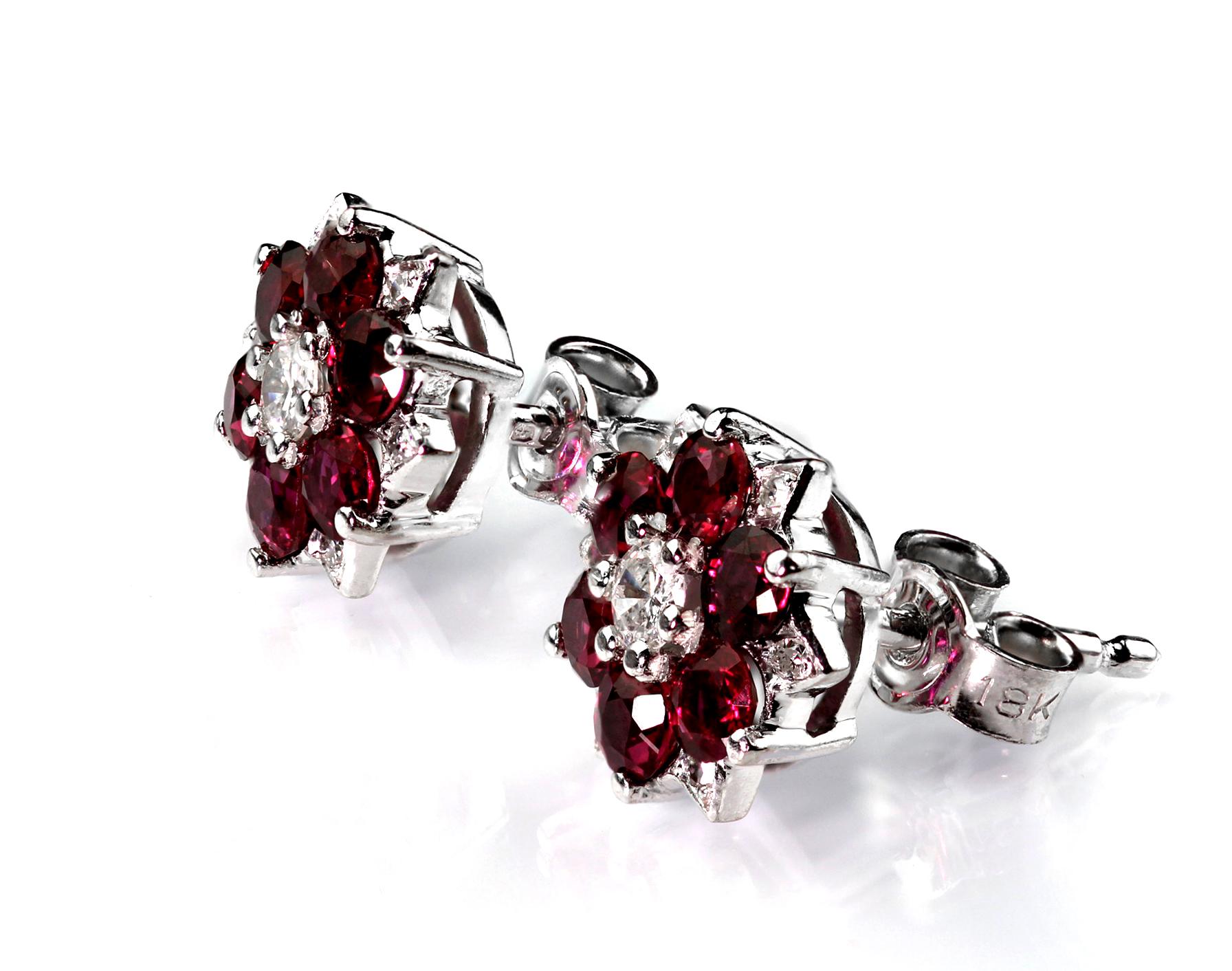 Modern Retro Ruby and Diamond Cluster Earrings, 18 Carat White Gold, Pin and Push On