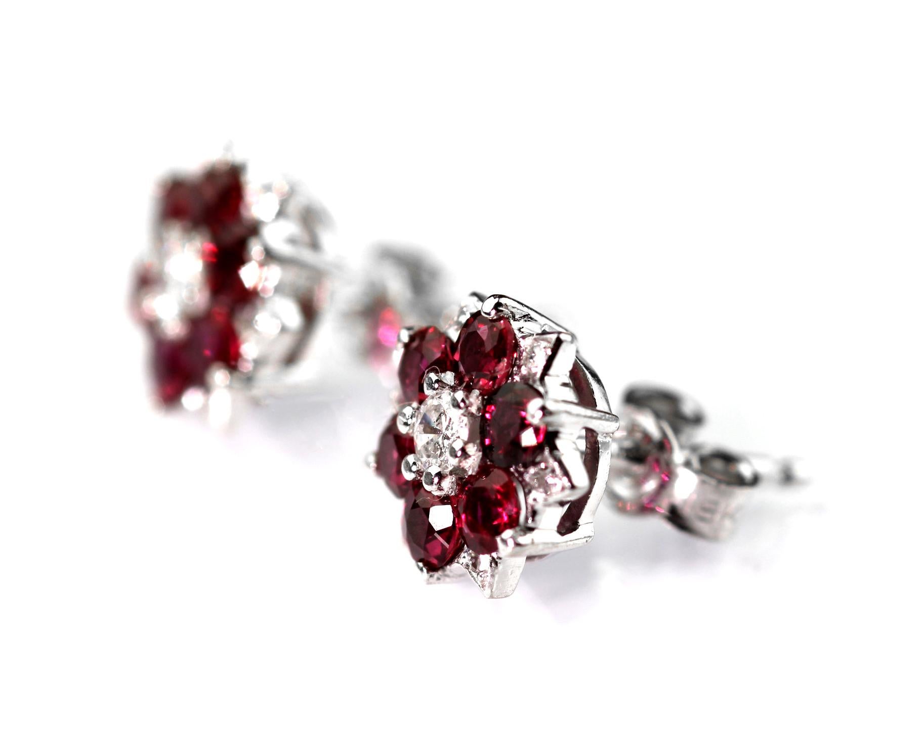 Round Cut Retro Ruby and Diamond Cluster Earrings, 18 Carat White Gold, Pin and Push On