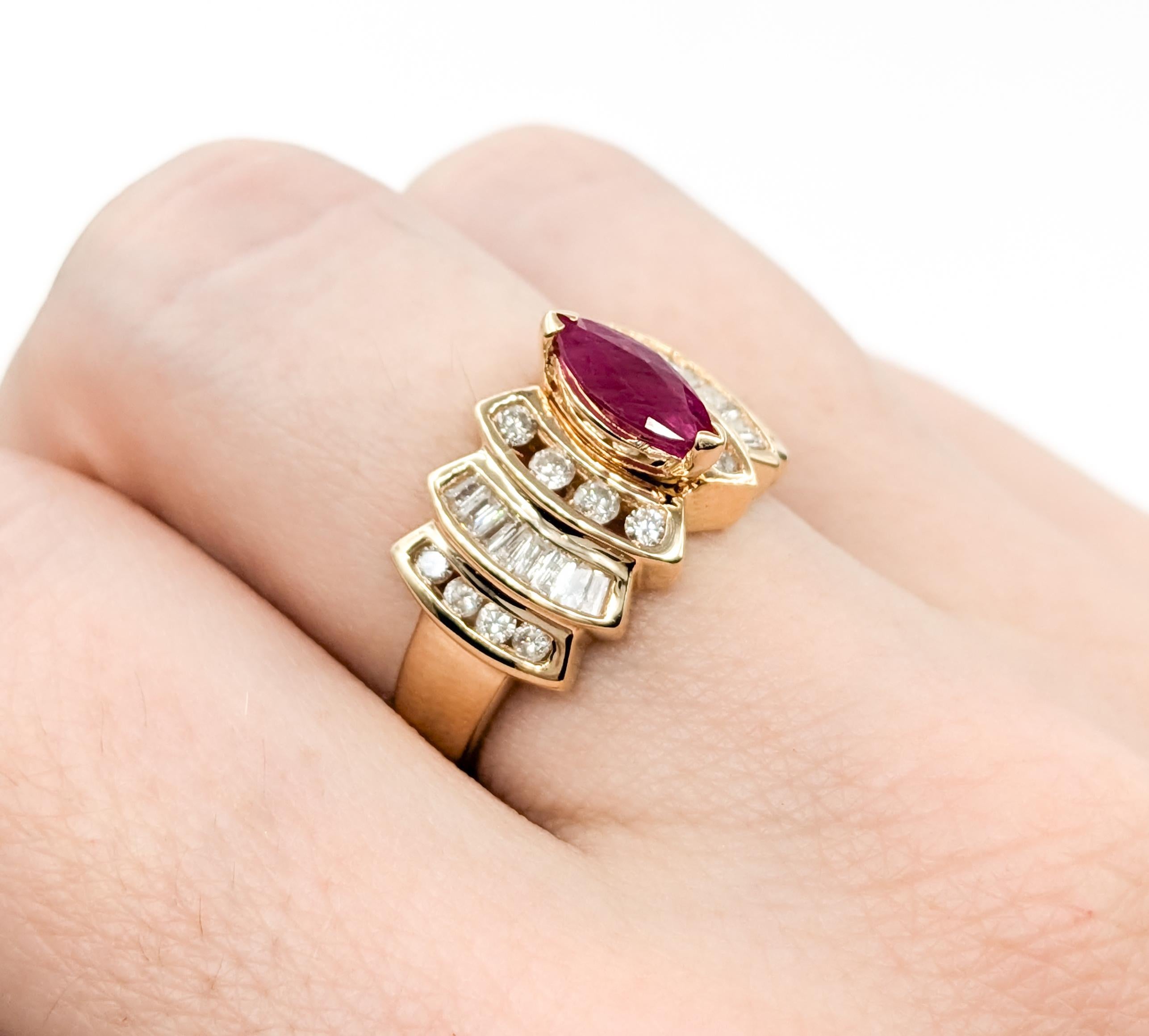 Modern Retro Ruby & Diamond Cocktail Ring in Yellow Gold