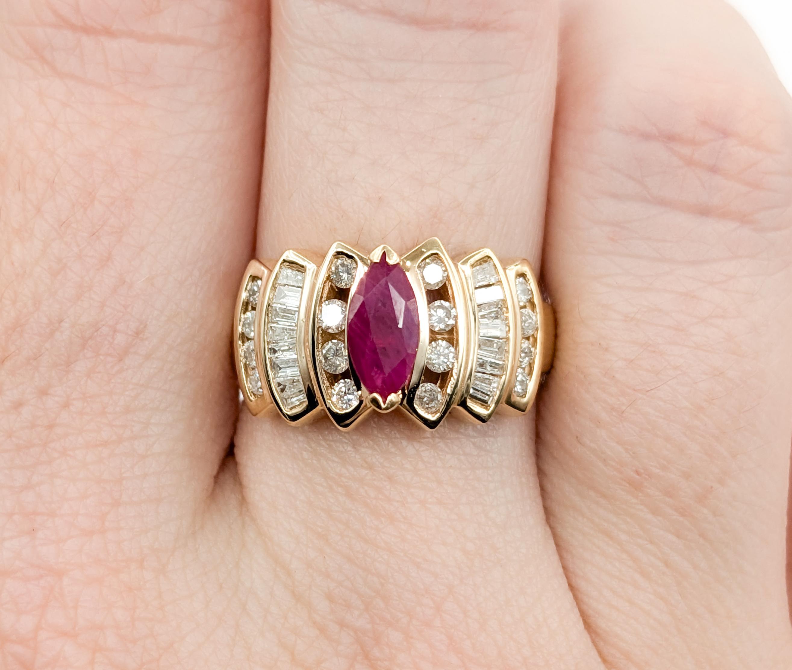 Marquise Cut Retro Ruby & Diamond Cocktail Ring in Yellow Gold