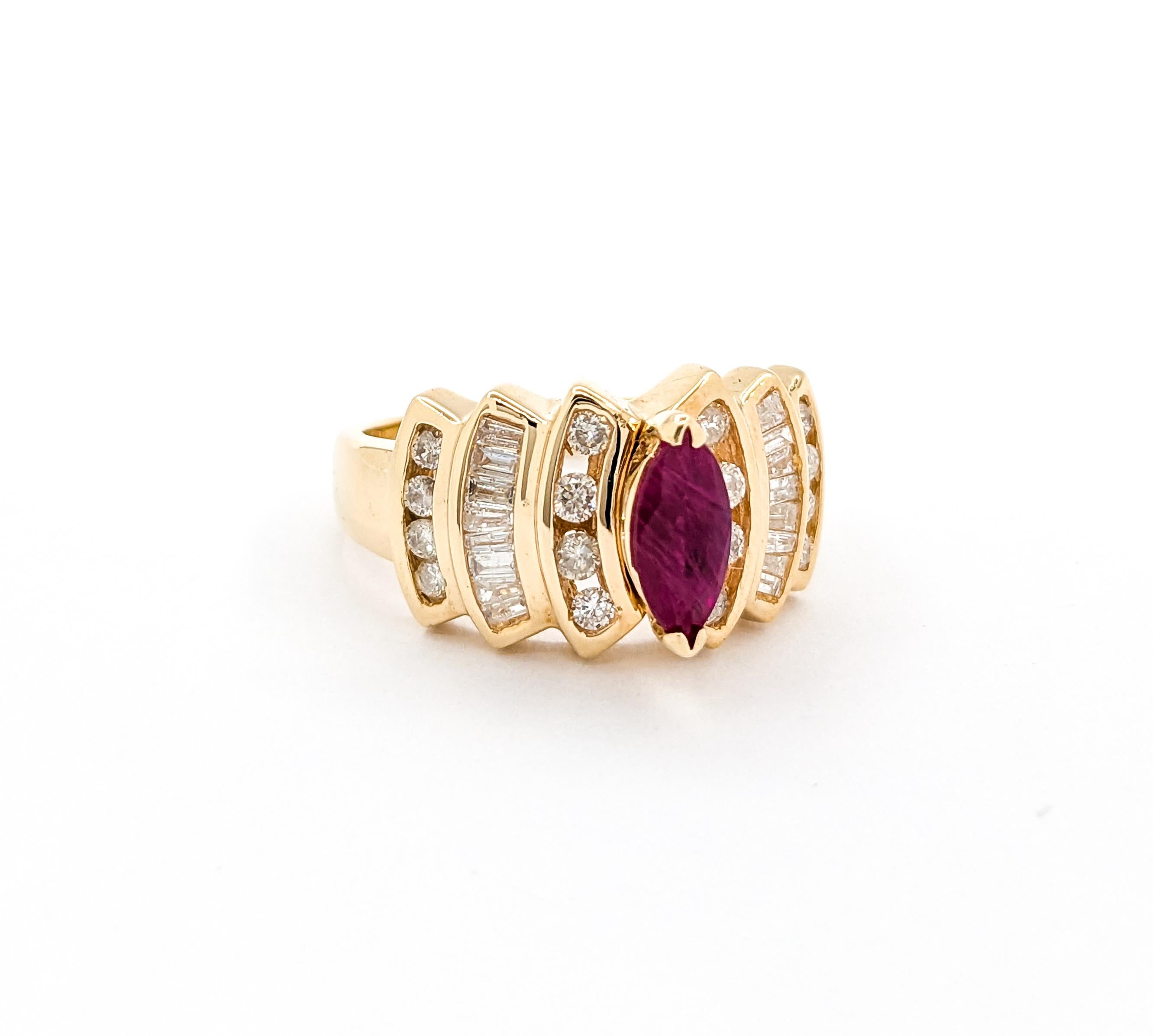 Retro Ruby & Diamond Cocktail Ring in Yellow Gold In Excellent Condition In Bloomington, MN
