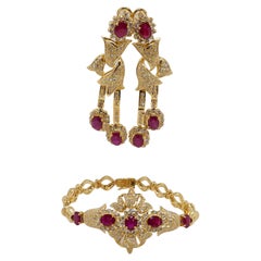Retro Ruby Diamond Earrings Bracelet Set 18 Karat Yellow Gold