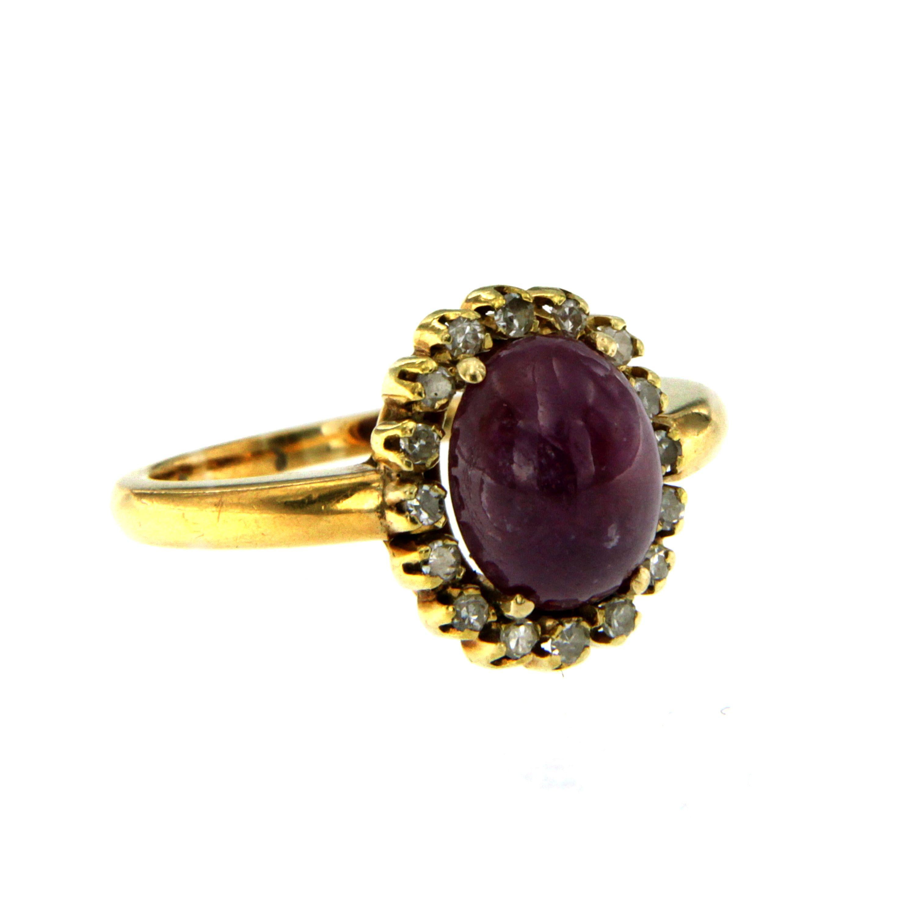 18k yellowGold clusters ring containing one oval cut cabochon Ruby weighing 2.00 carat surrounded round brilliant cut diamonds weighing 0.20 total cts H color vs clarity.

Ring Size: US 6.5 - IT 13 - FR 53 - UK N 
This ring may be professionally