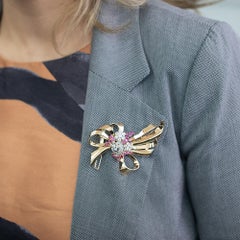 Retro Ruby & Diamond Gold Floral Bow Brooch Circa 1950