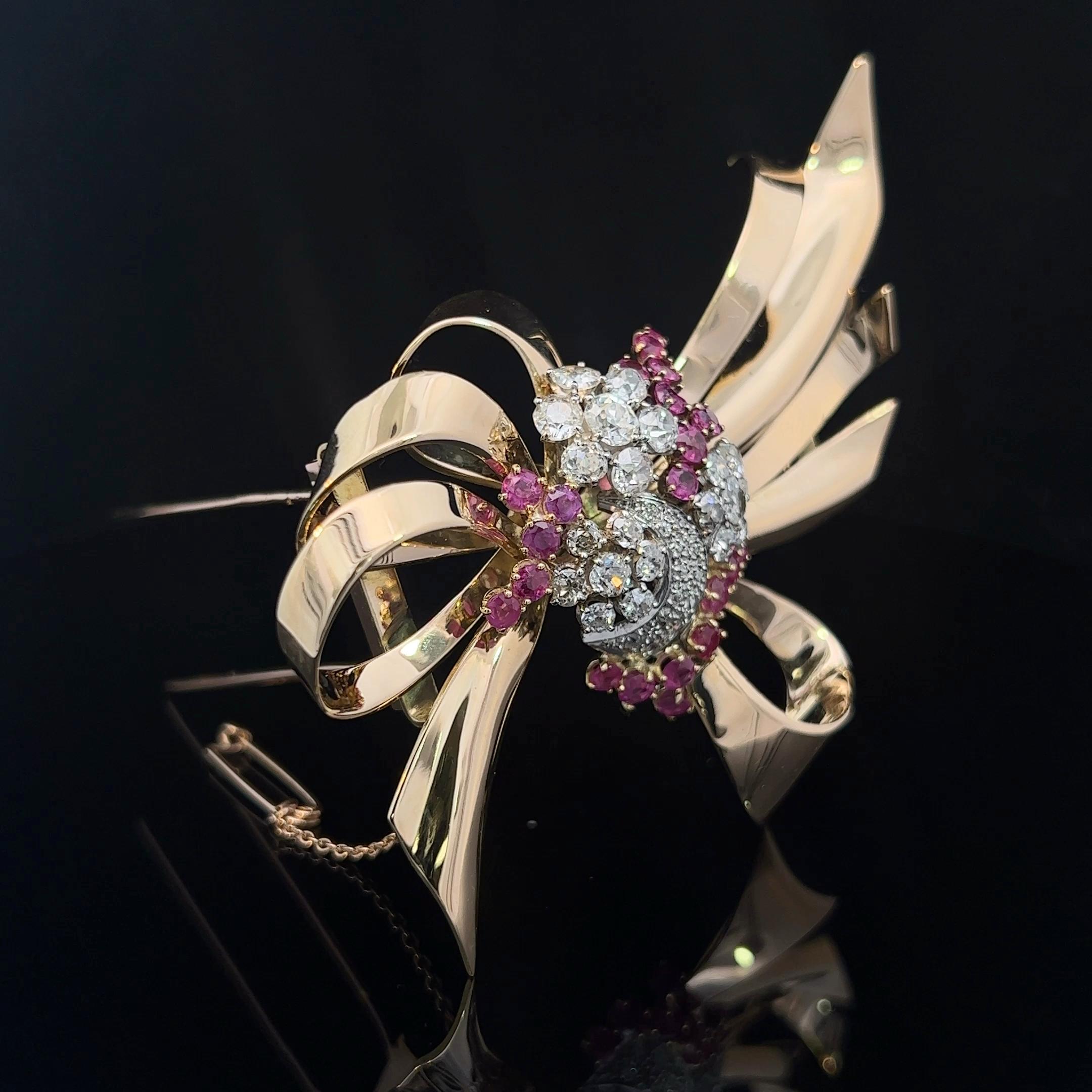 Retro Ruby & Diamond Gold Floral Bow Brooch Circa 1950 For Sale 2