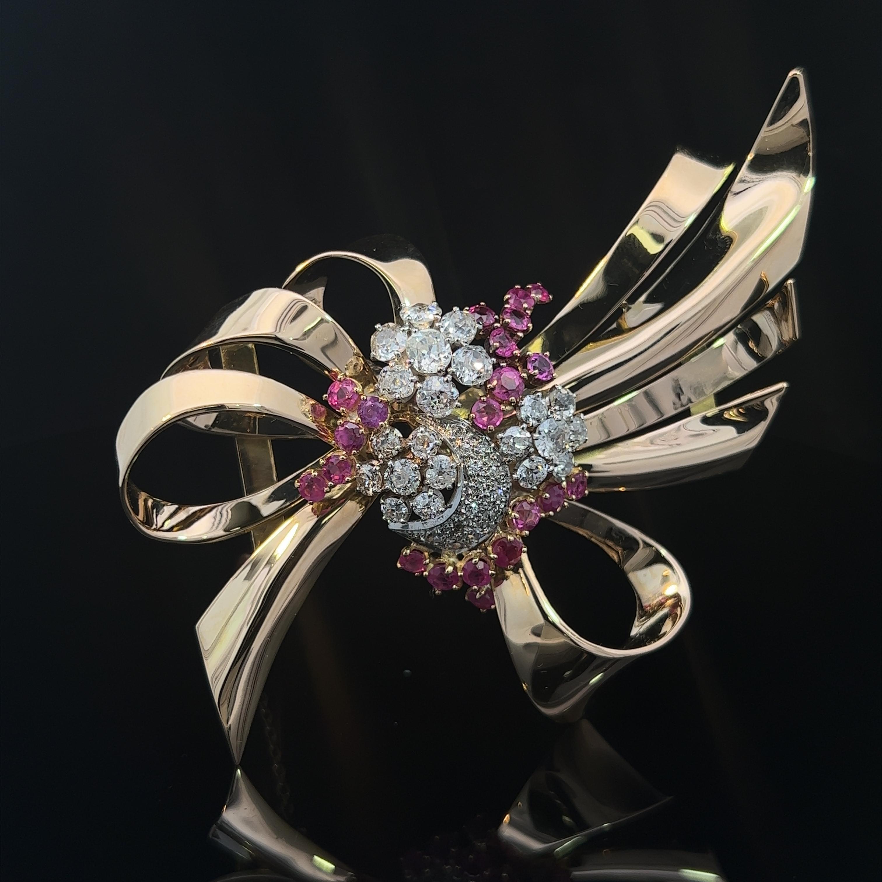 Retro Ruby & Diamond Gold Floral Bow Brooch Circa 1950 For Sale 3
