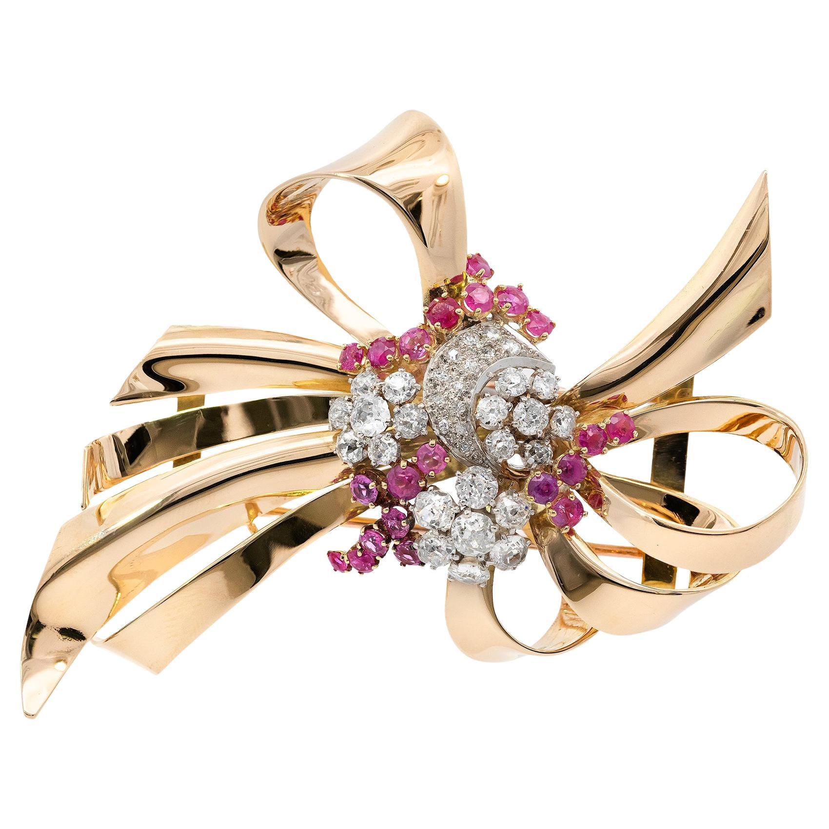 Retro Ruby & Diamond Gold Floral Bow Brooch Circa 1950 For Sale