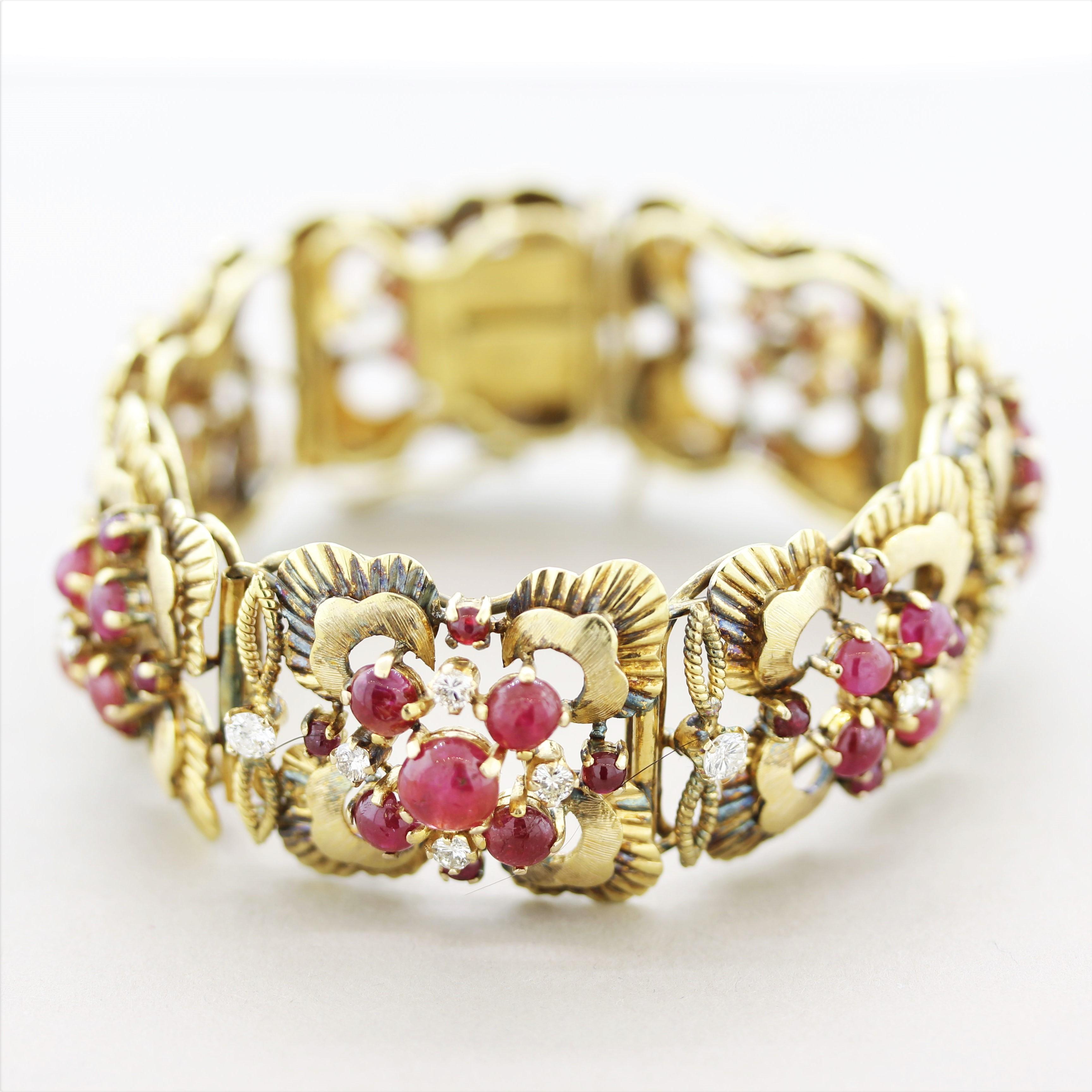A retro piece, circa 1940’s, dazzled in rubies and diamonds! The bracelet features approximately 9 carats of cabochon rubies and 1.50 carats of fine round brilliant-cut diamonds which are all set across the bracelet in a floral pattern. The gold has