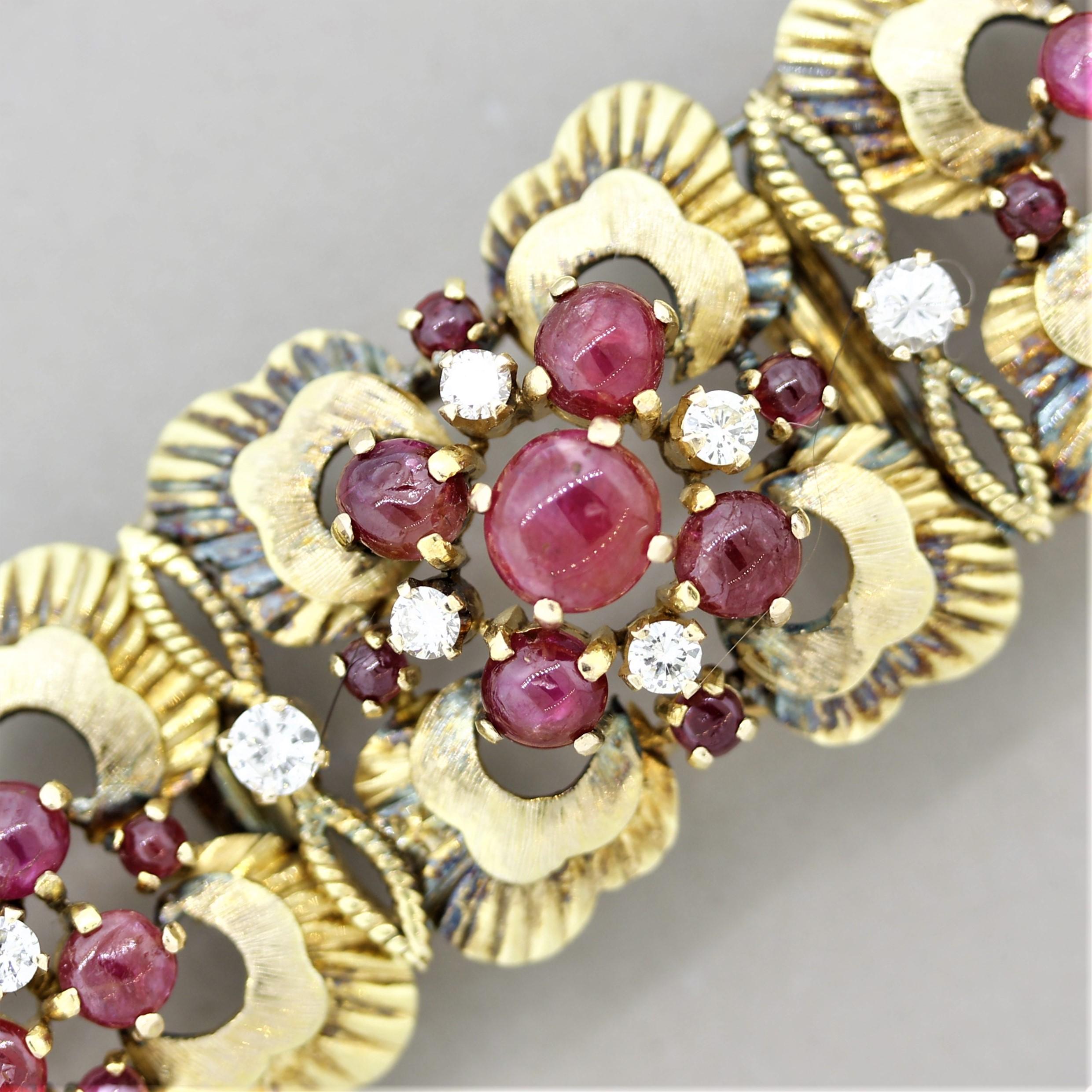 Mixed Cut Retro Ruby Diamond Gold Floral Bracelet