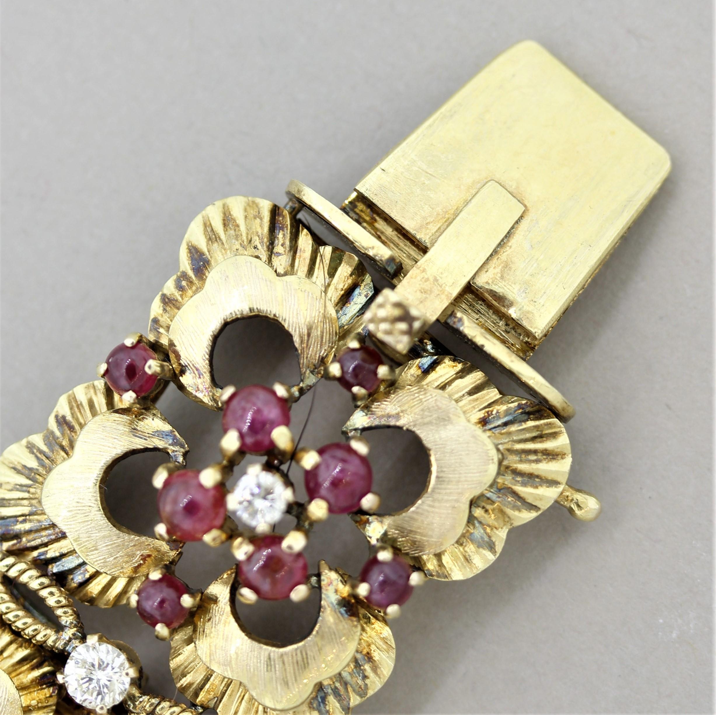 Retro Ruby Diamond Gold Floral Bracelet In Excellent Condition In Beverly Hills, CA