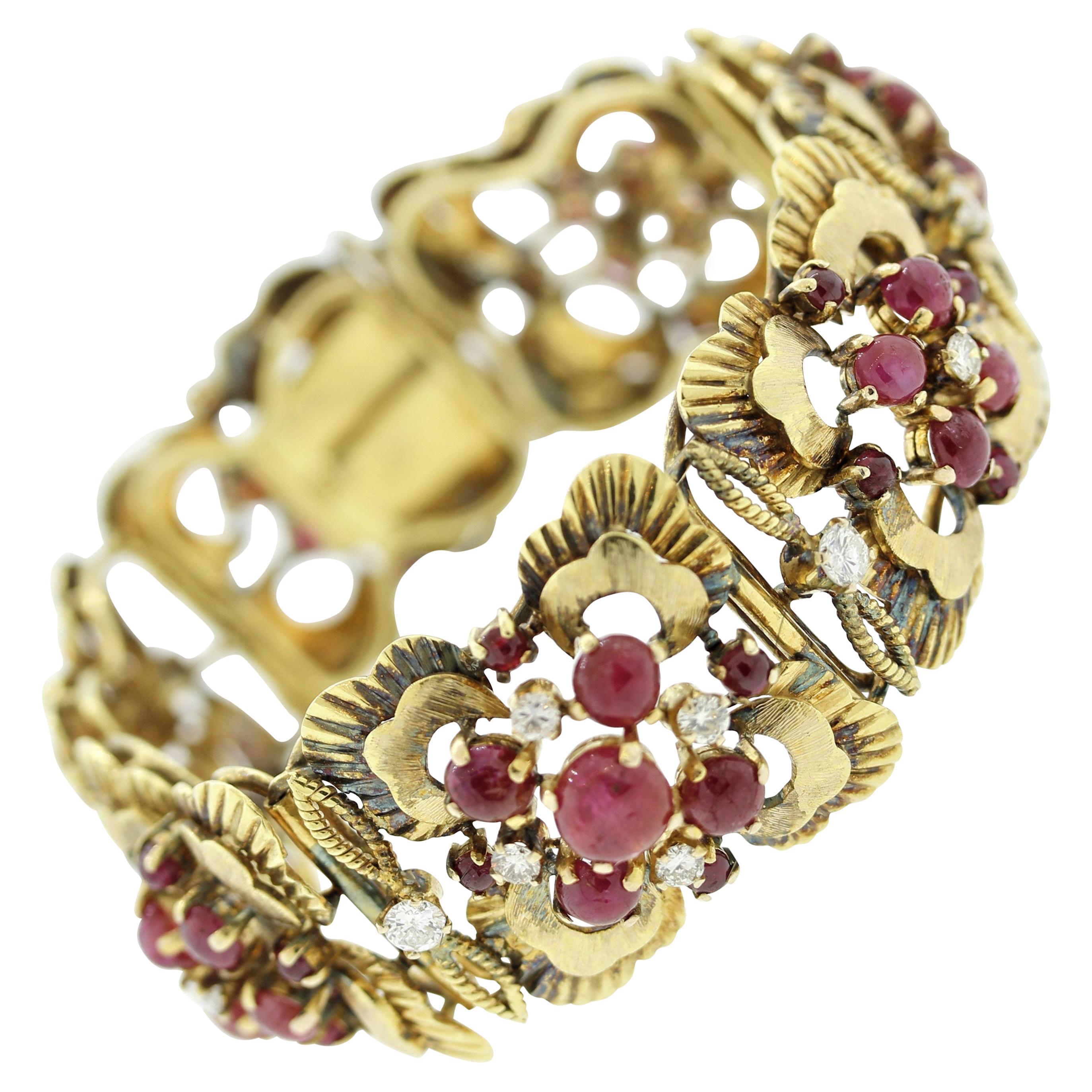 Retro Ruby Diamond Gold Floral Bracelet
