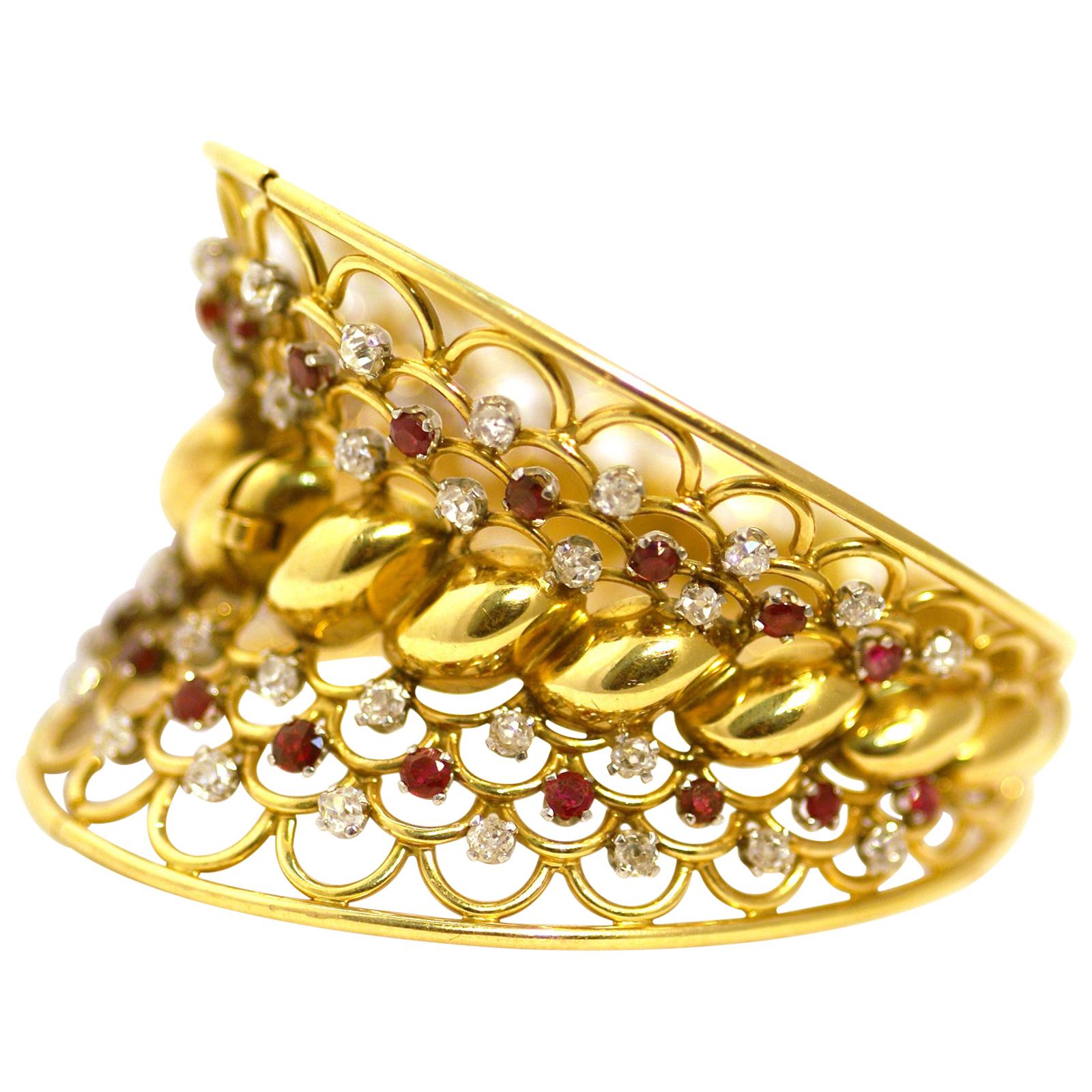 Retro Ruby Diamond Gold French Bangle Bracelet