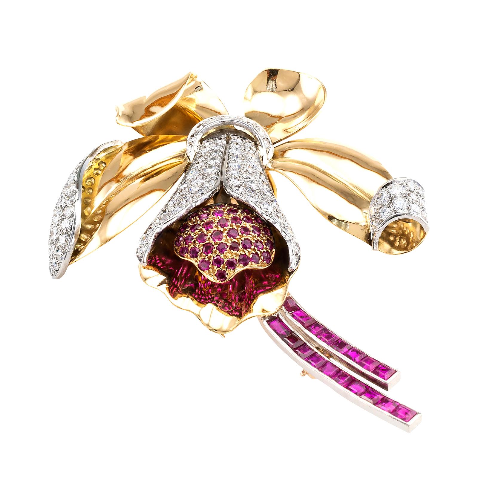 Retro Ruby Diamond Gold Platinum Orchid Brooch In Good Condition In Los Angeles, CA