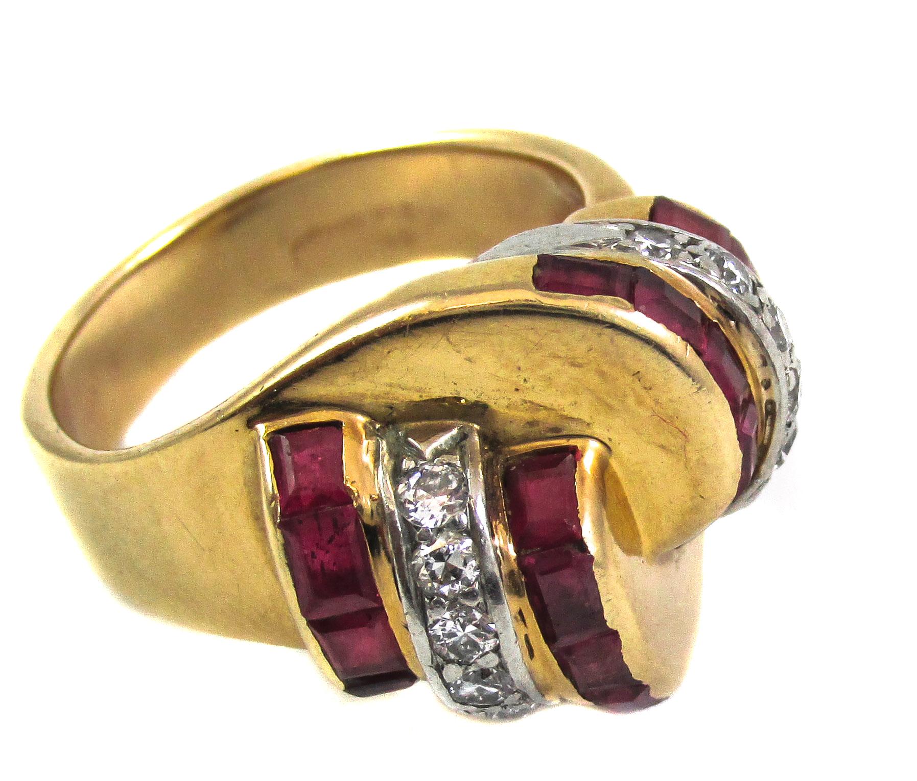 Baguette Cut Retro Ruby Diamond Gold Platinum Ring For Sale