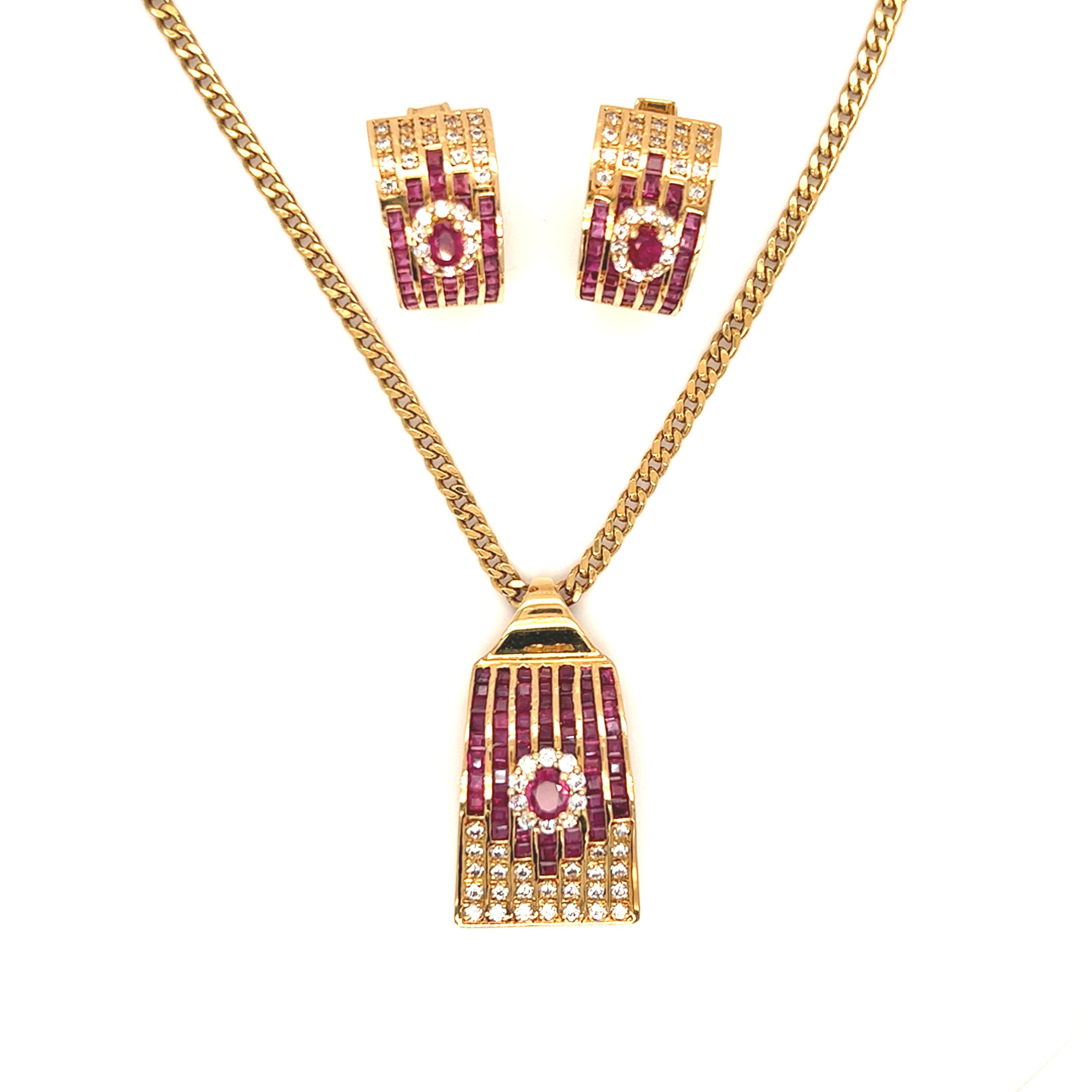 Retro Ruby Diamond Pendant Necklace and Huggie Hoop Earrings Set 18K Yellow Gold For Sale 6