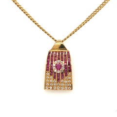 Retro Ruby Diamond Pendant Necklace and Huggie Hoop Earrings Set 18K Yellow Gold