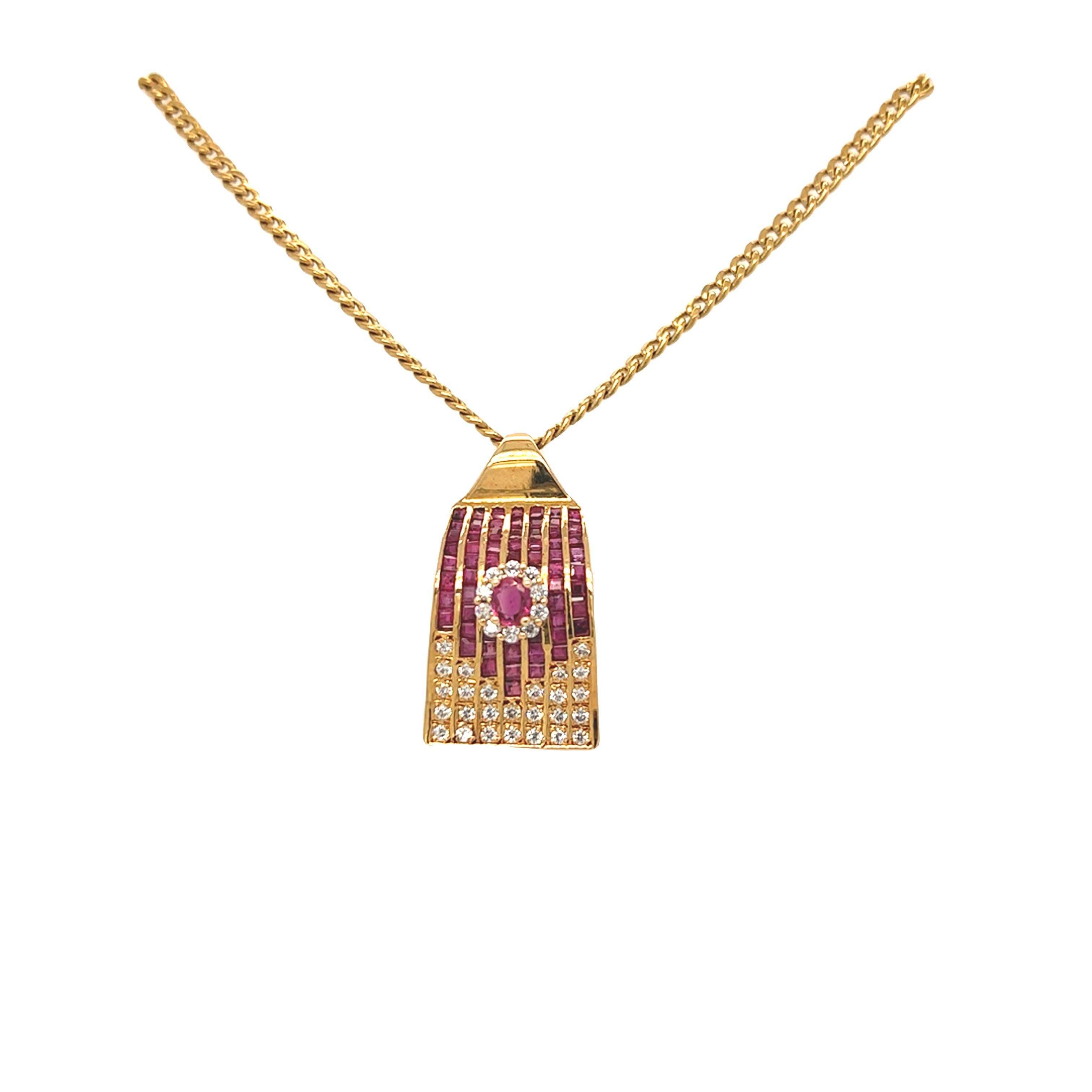 Square Cut Retro Ruby Diamond Pendant Necklace and Huggie Hoop Earrings Set 18K Yellow Gold For Sale