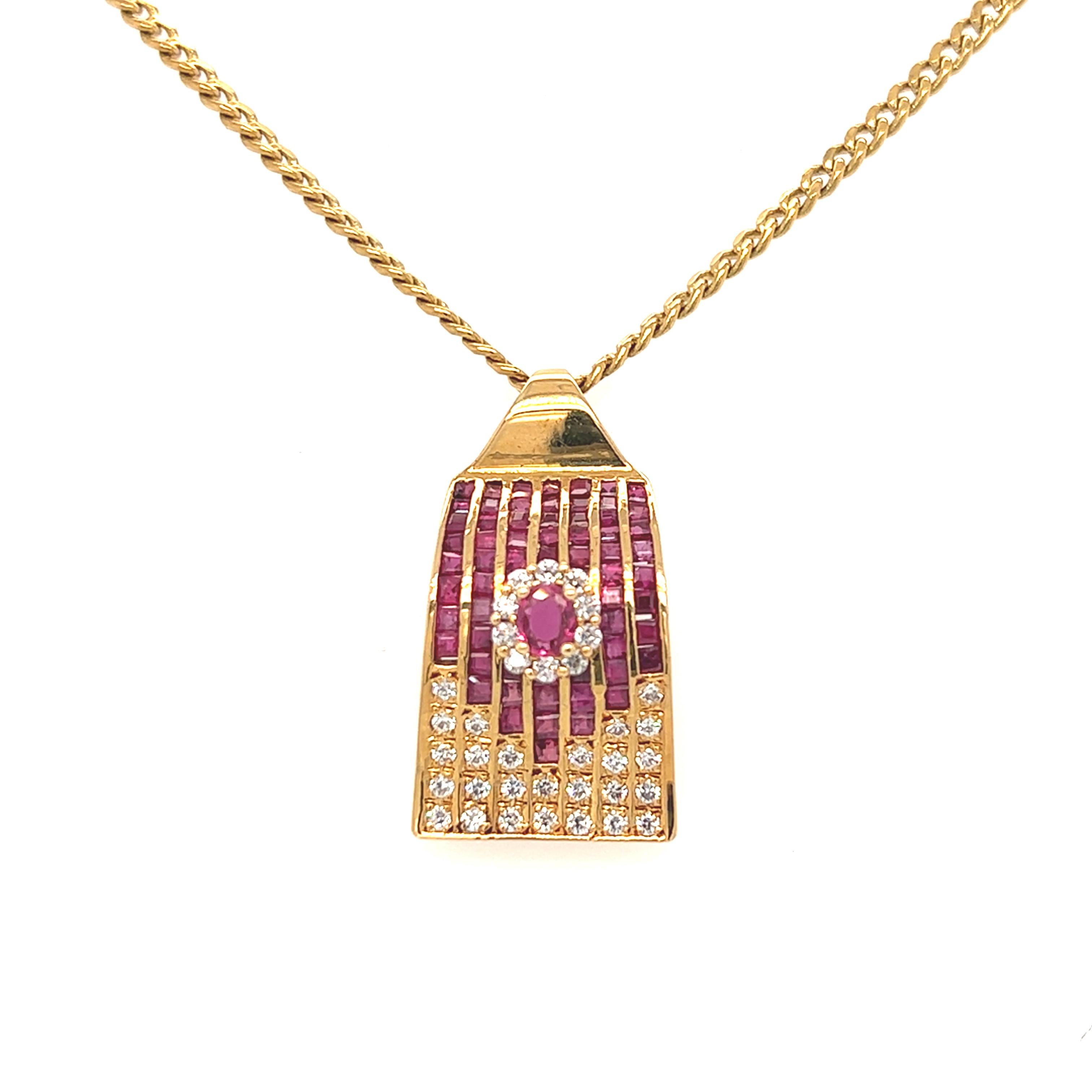 Retro Ruby Diamond Pendant Necklace and Huggie Hoop Earrings Set 18K Yellow Gold In Excellent Condition For Sale In beverly hills, CA