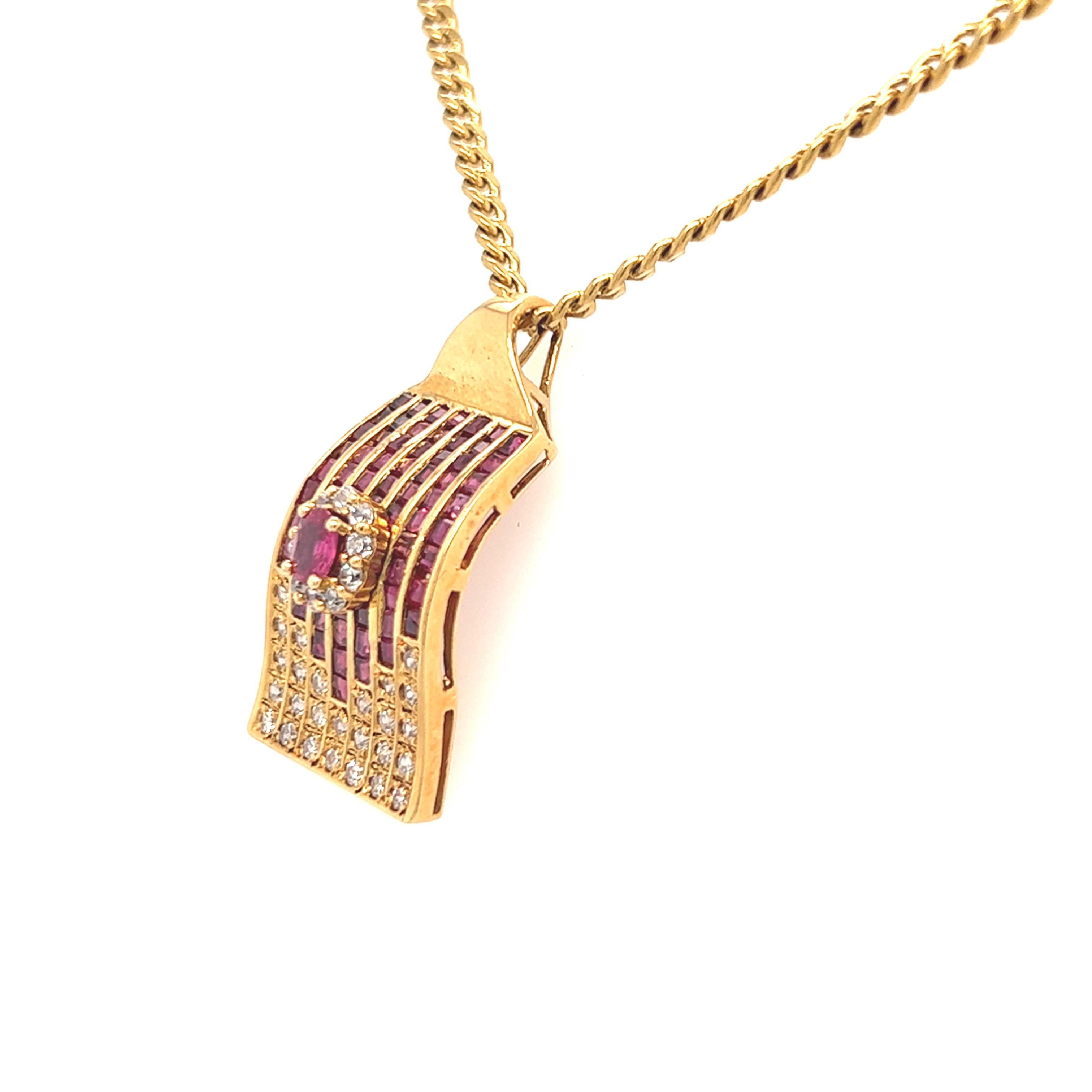 Retro Ruby Diamond Pendant Necklace and Huggie Hoop Earrings Set 18K Yellow Gold For Sale 1