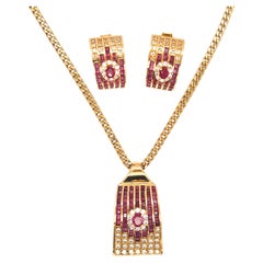 Antique Ruby Diamond Pendant Necklace and Huggie Hoop Earrings Set 18K Yellow Gold