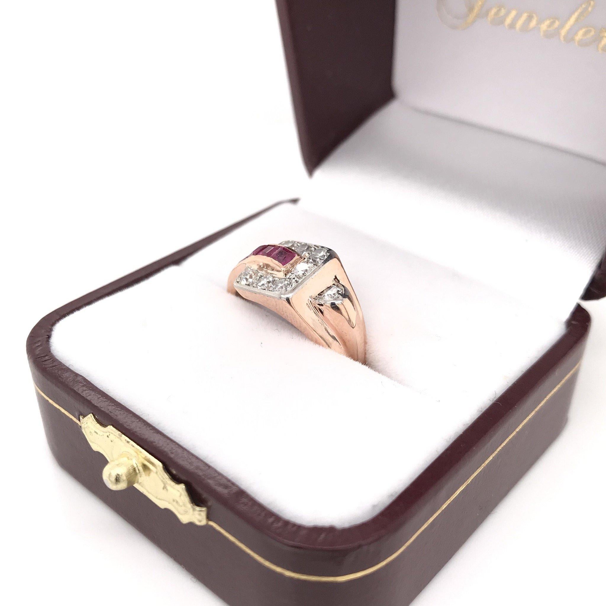 Retro Ruby and Diamond Rose Gold Ring In Good Condition In Montgomery, AL
