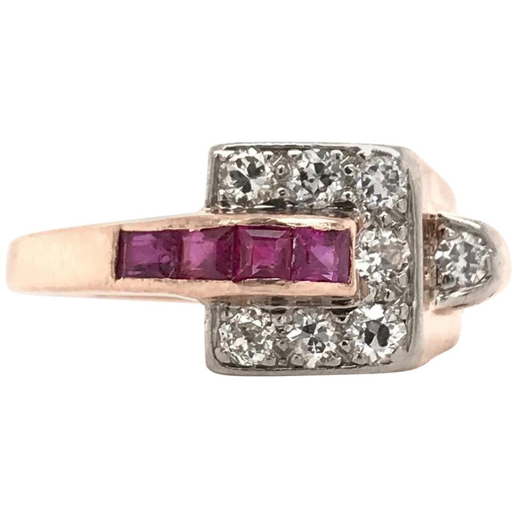Retro Ruby and Diamond Rose Gold Ring