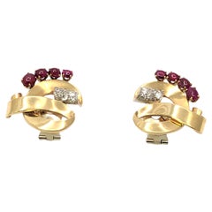 Boucles d'oreilles fantaisie rétro en rubis et diamant