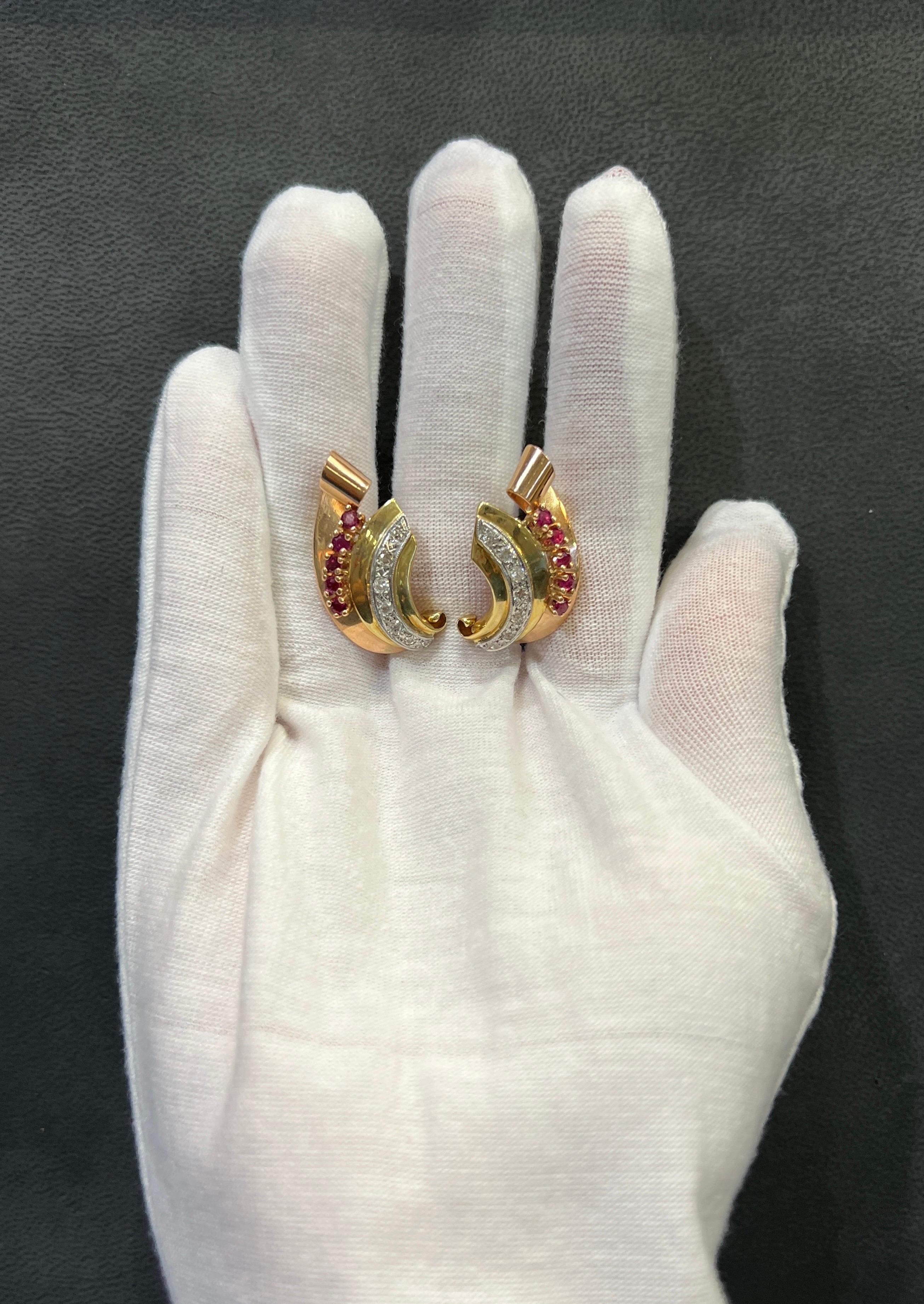 Round Cut Retro Ruby & Diamond Two Tone Earrings For Sale