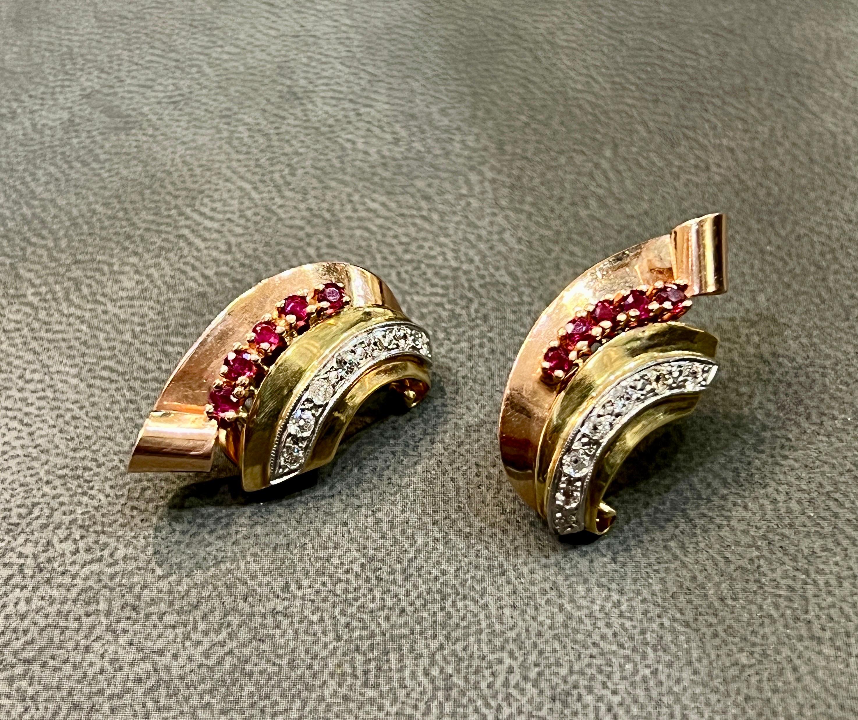 Retro Ruby & Diamond Two Tone Earrings In Excellent Condition For Sale In New York, NY