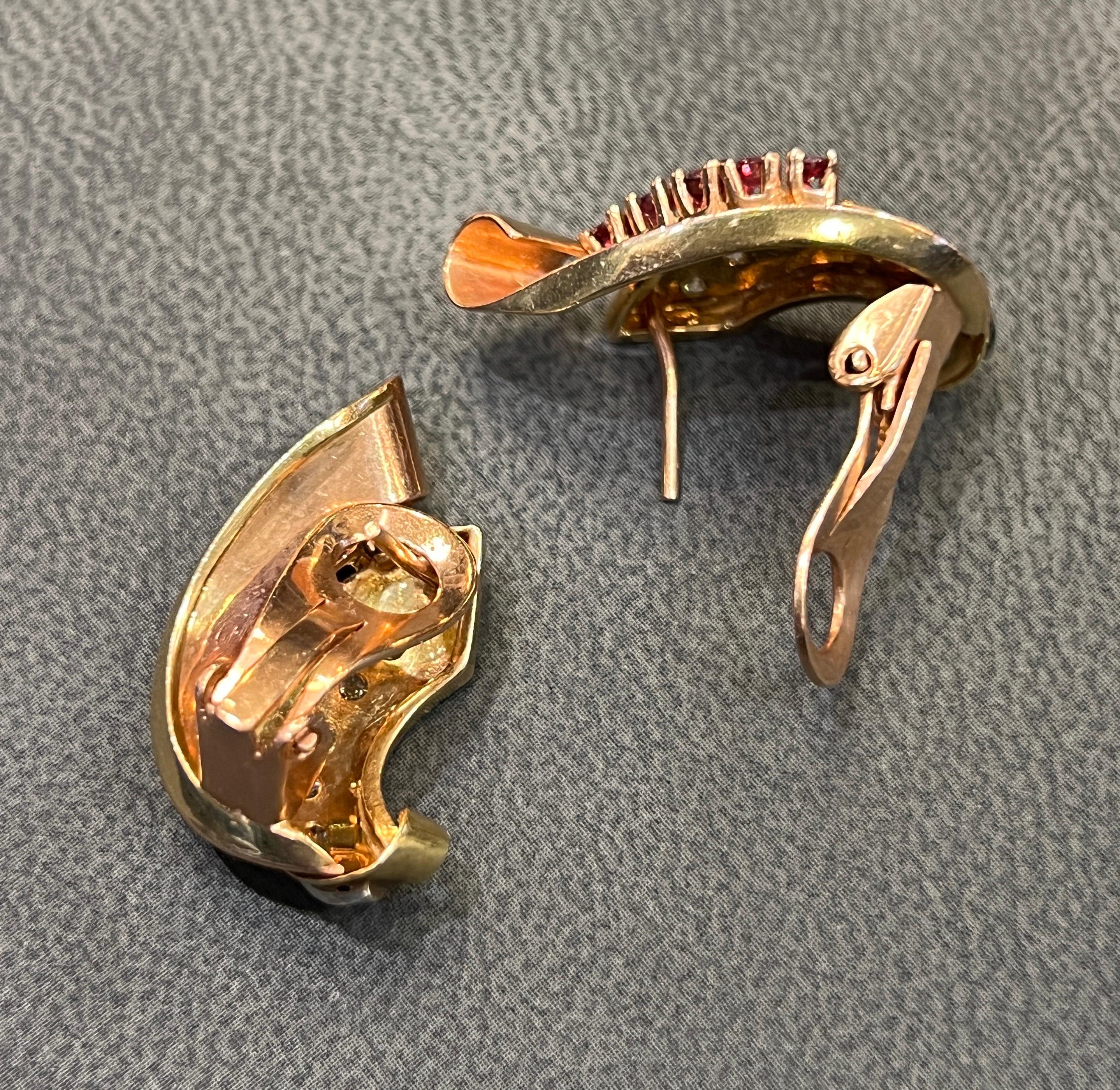 Retro Ruby & Diamond Two Tone Earrings For Sale 1