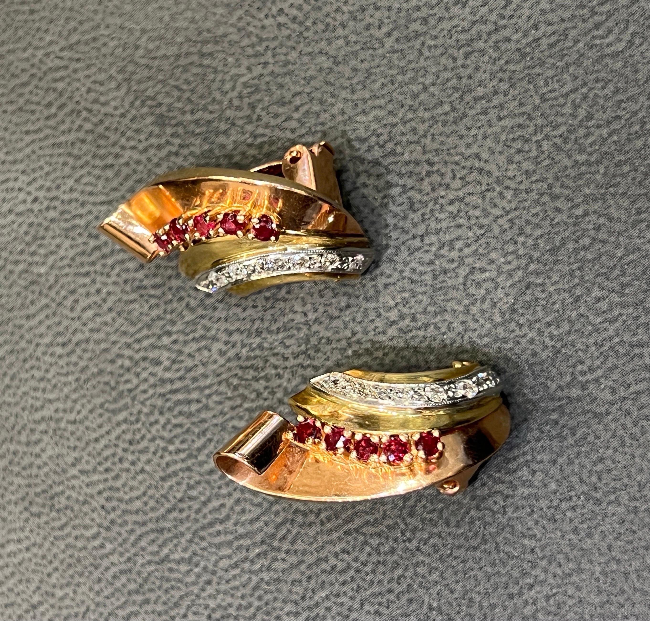 Retro Ruby & Diamond Two Tone Earrings For Sale 2