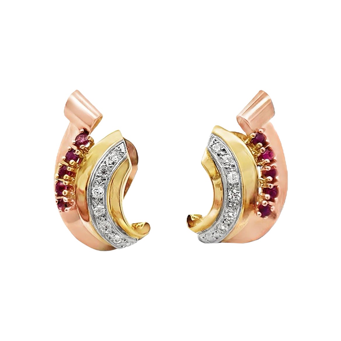 Boucles d'oreilles bicolores rétro rubis et diamants