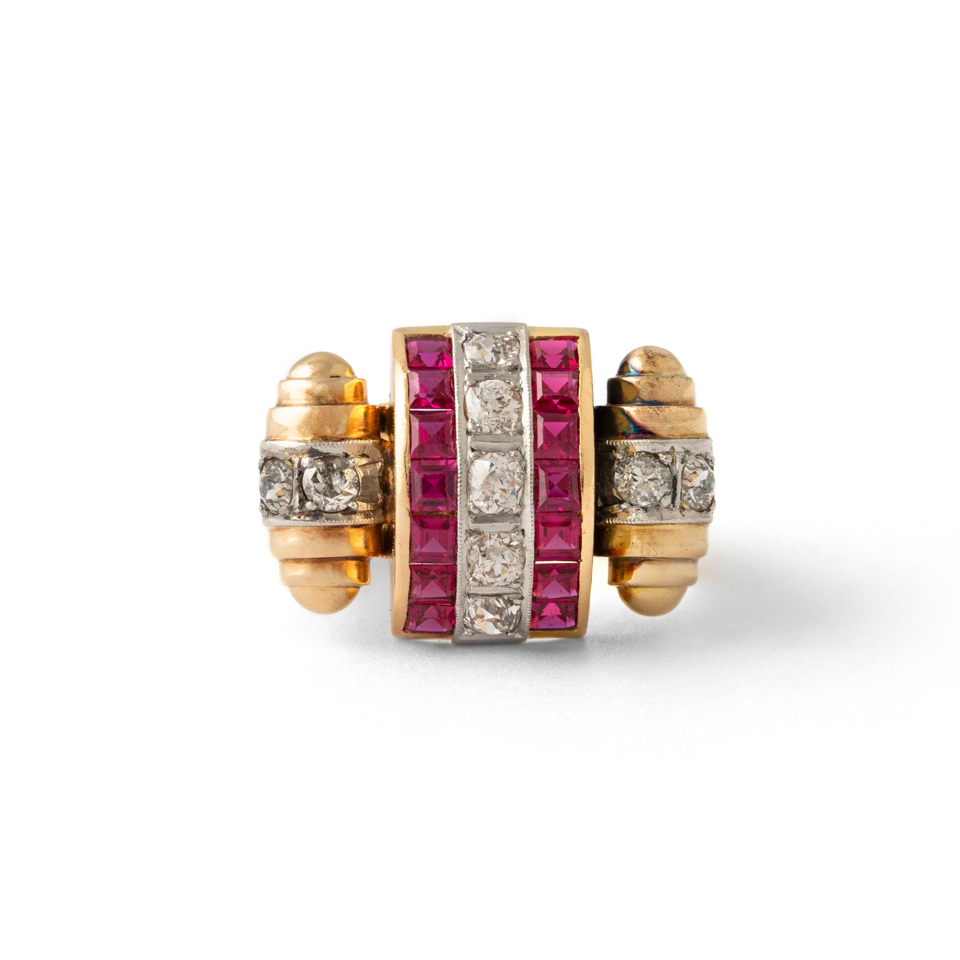 Old Mine Cut Retro Ruby Diamond White and Yellow Gold Ring For Sale