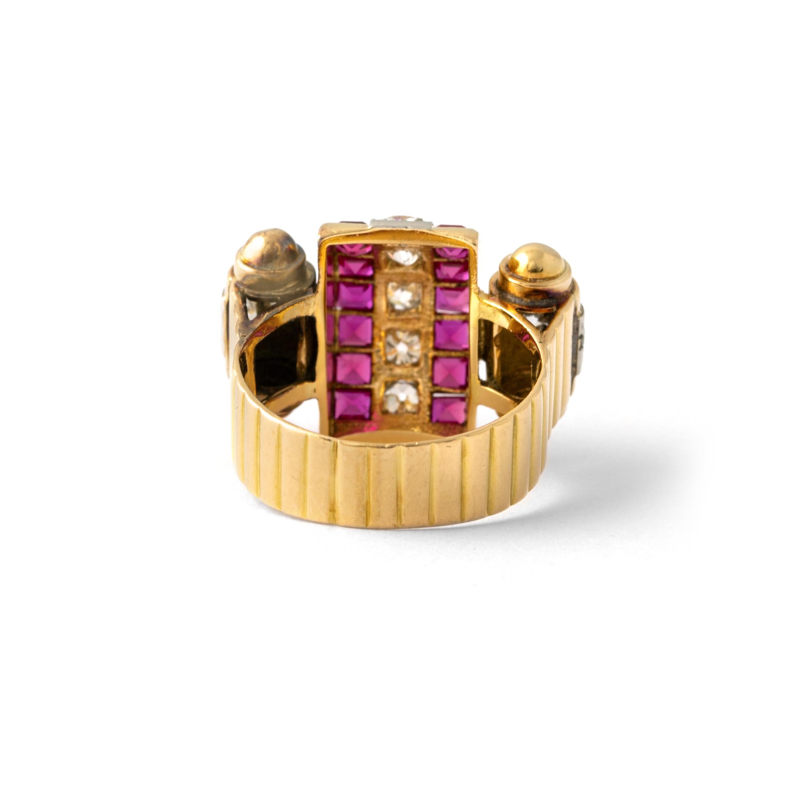 Women's or Men's Retro Ruby Diamond White and Yellow Gold Ring For Sale