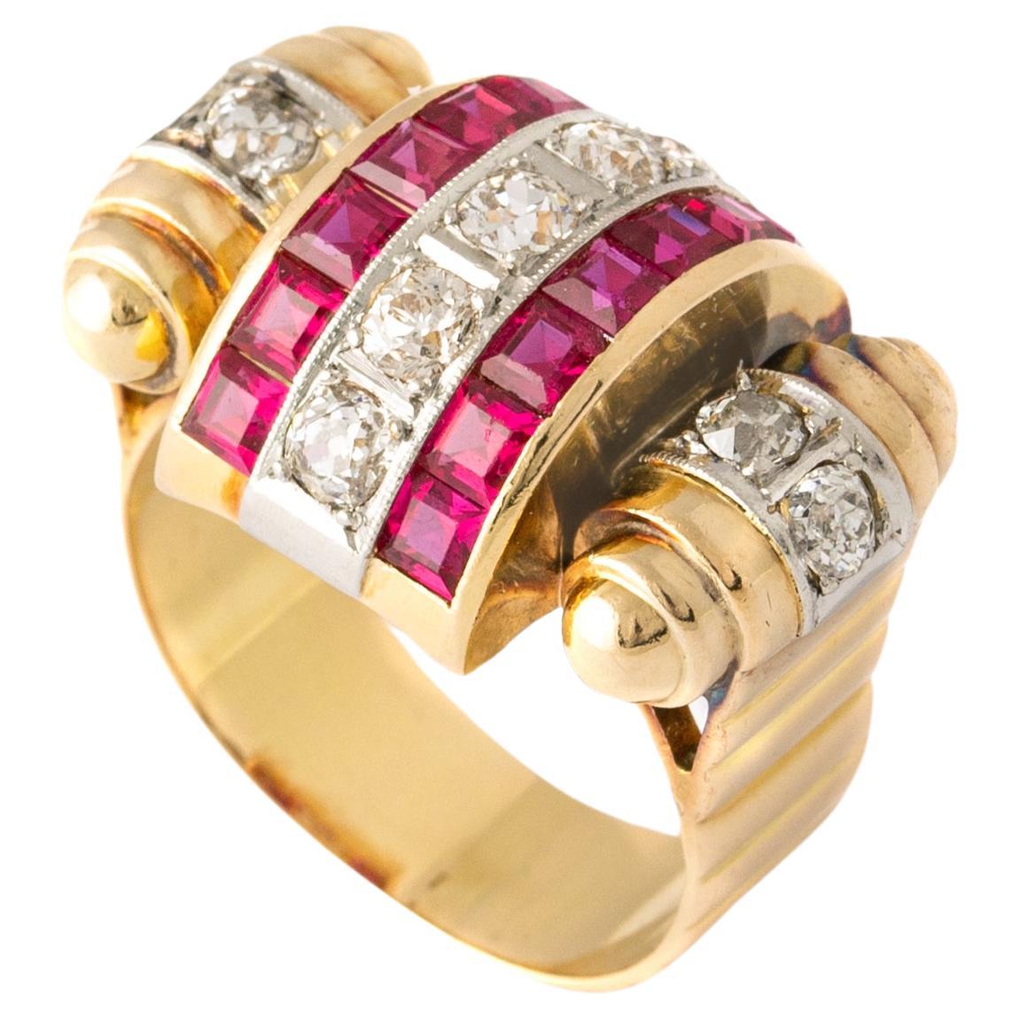 Retro Ruby Diamond White and Yellow Gold Ring