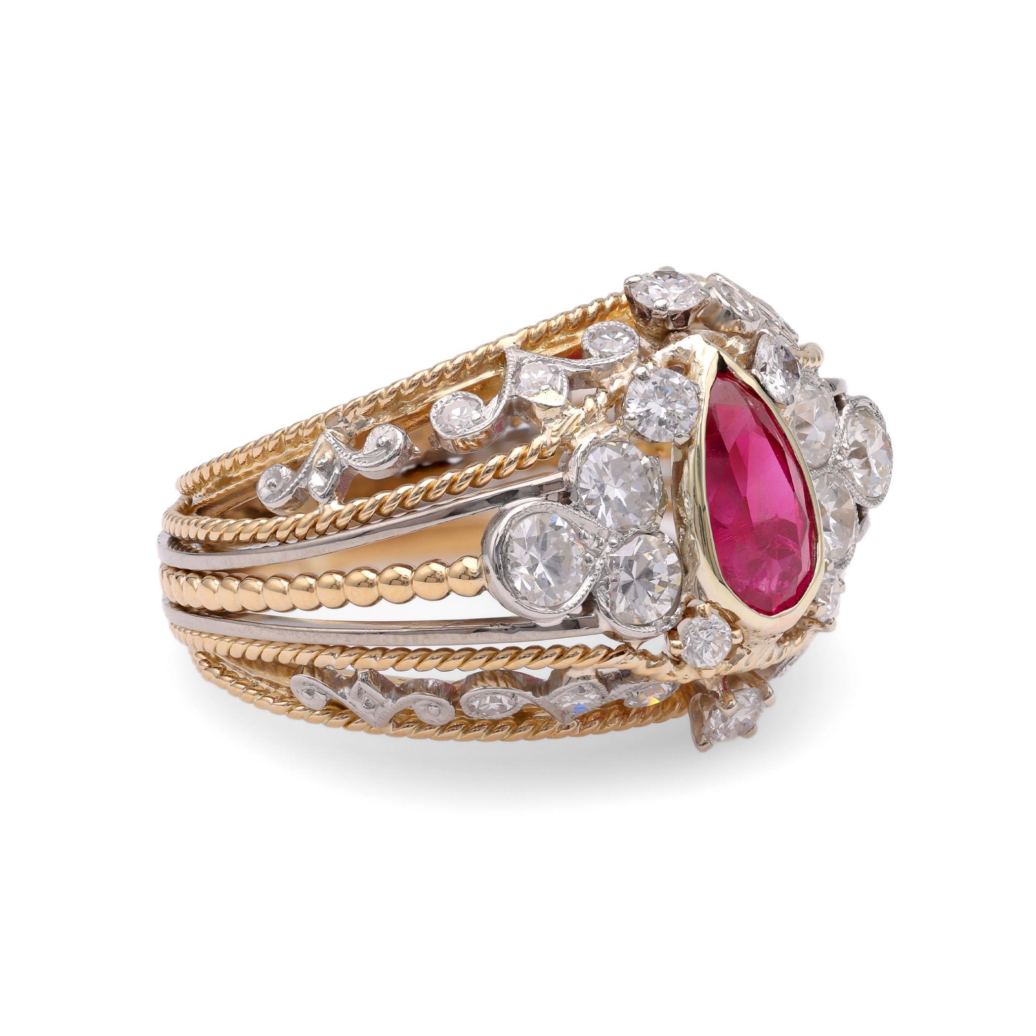 Pear Cut Retro Ruby Diamond Yellow Gold Cocktail Ring For Sale