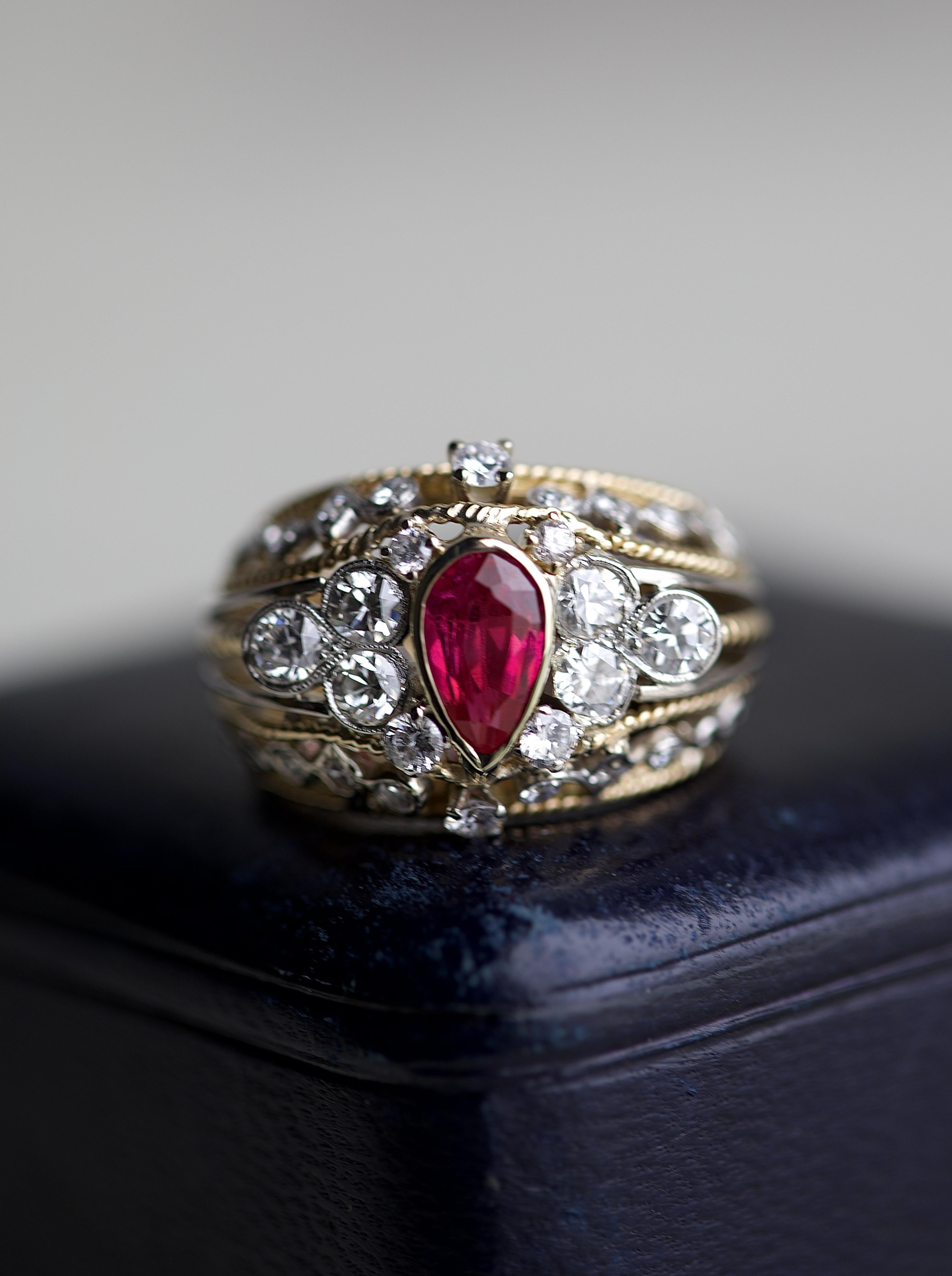 Retro Ruby Diamond Yellow Gold Cocktail Ring In Excellent Condition For Sale In Beverly Hills, CA