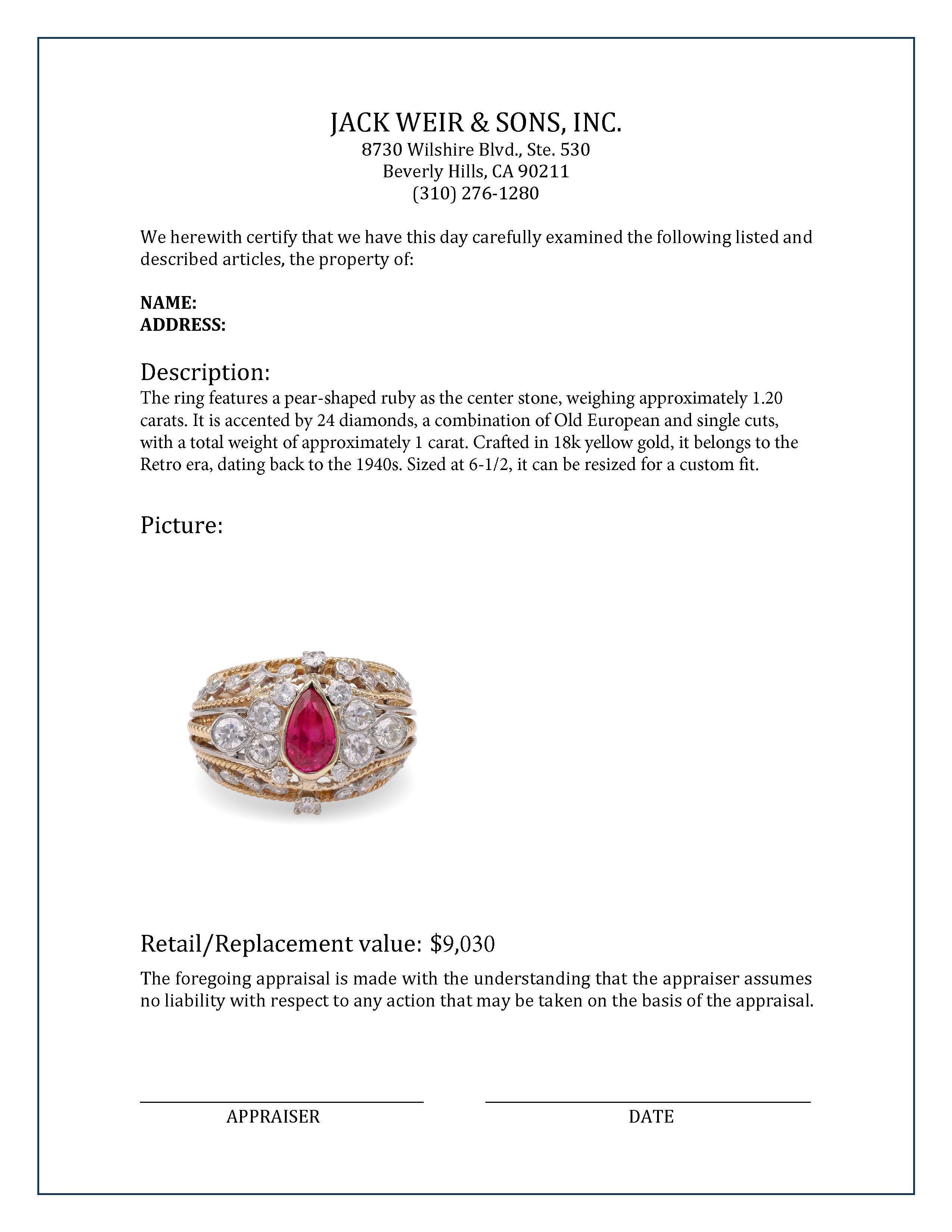 Women's or Men's Retro Ruby Diamond Yellow Gold Cocktail Ring For Sale