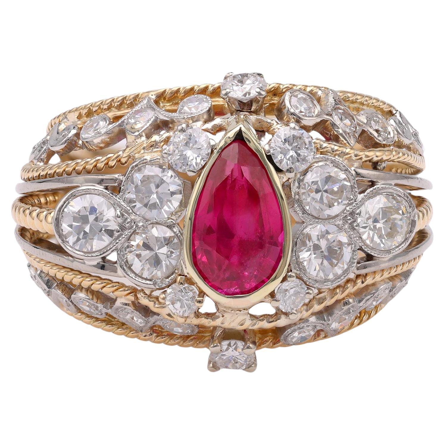 Retro Ruby Diamond Yellow Gold Cocktail Ring For Sale