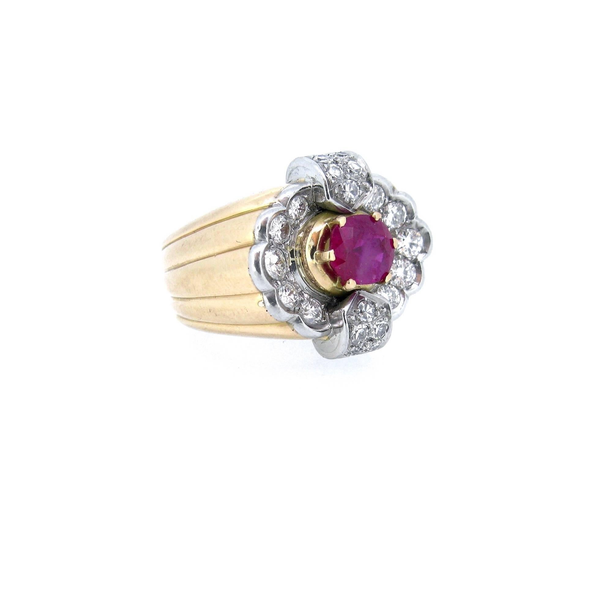 Retro Ruby Diamonds Brilliant Bold Ribbed Gold Platinum French Ring In New Condition In London, GB