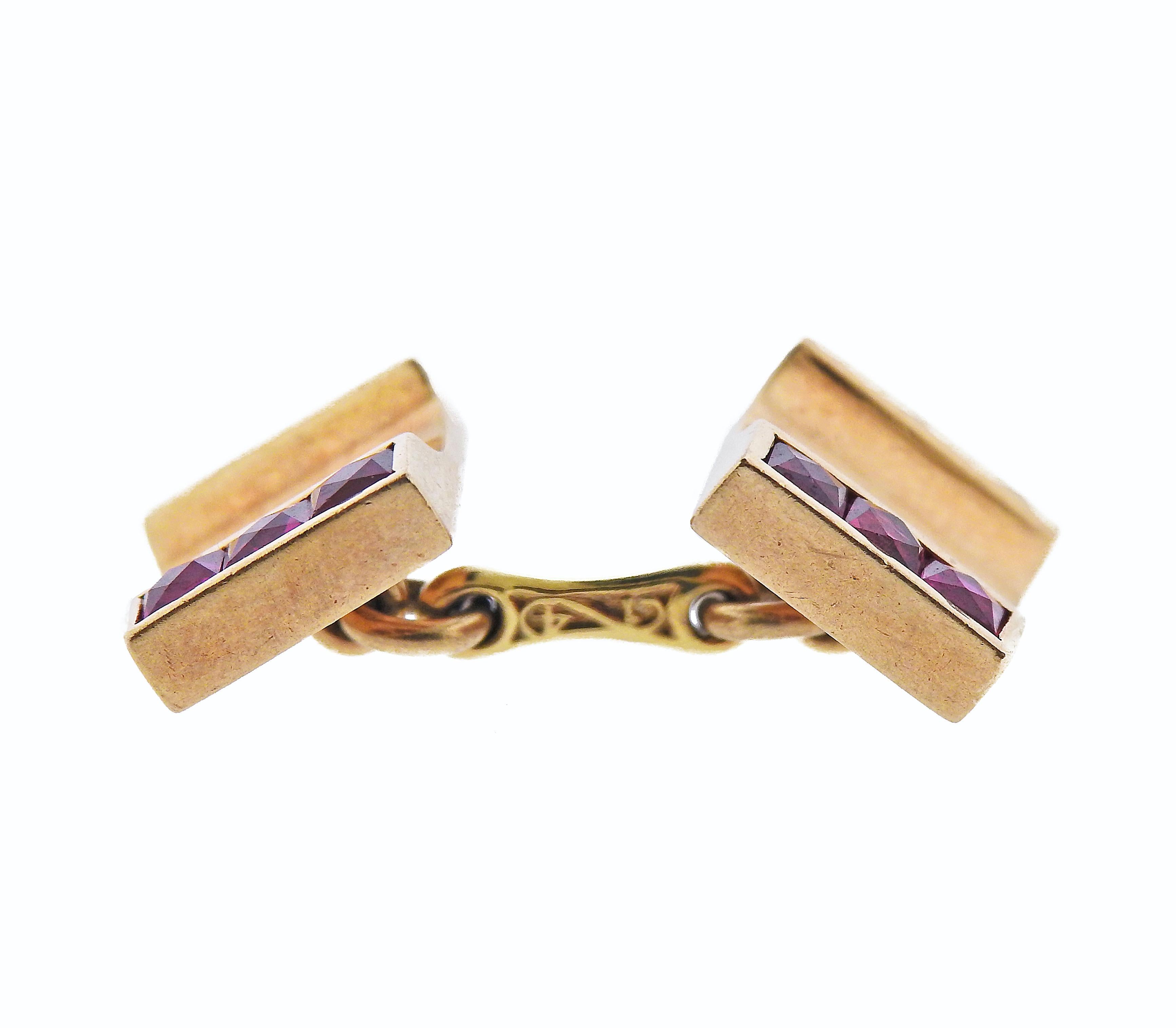 Retro Ruby Rose Gold Cufflinks In Excellent Condition In New York, NY