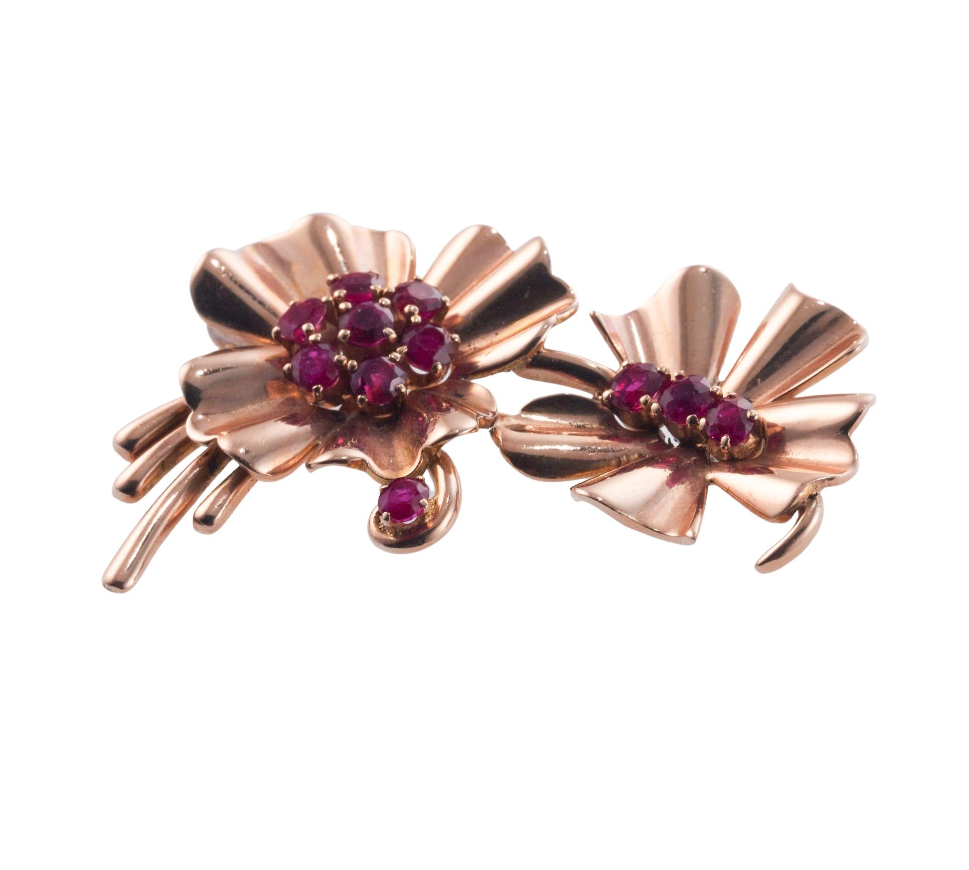 Women's Retro Ruby Rose Gold Floral Brooch For Sale