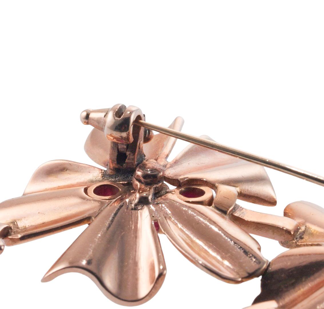 Retro Ruby Rose Gold Floral Brooch For Sale 1