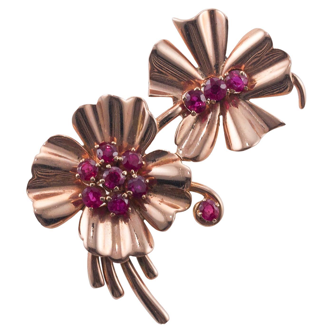 Retro Ruby Rose Gold Floral Brooch 