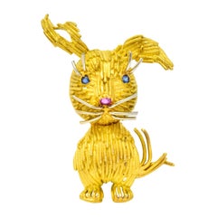 Retro Ruby Sapphire 18 Karat Two-Tone Gold Italian Bunny Brooch