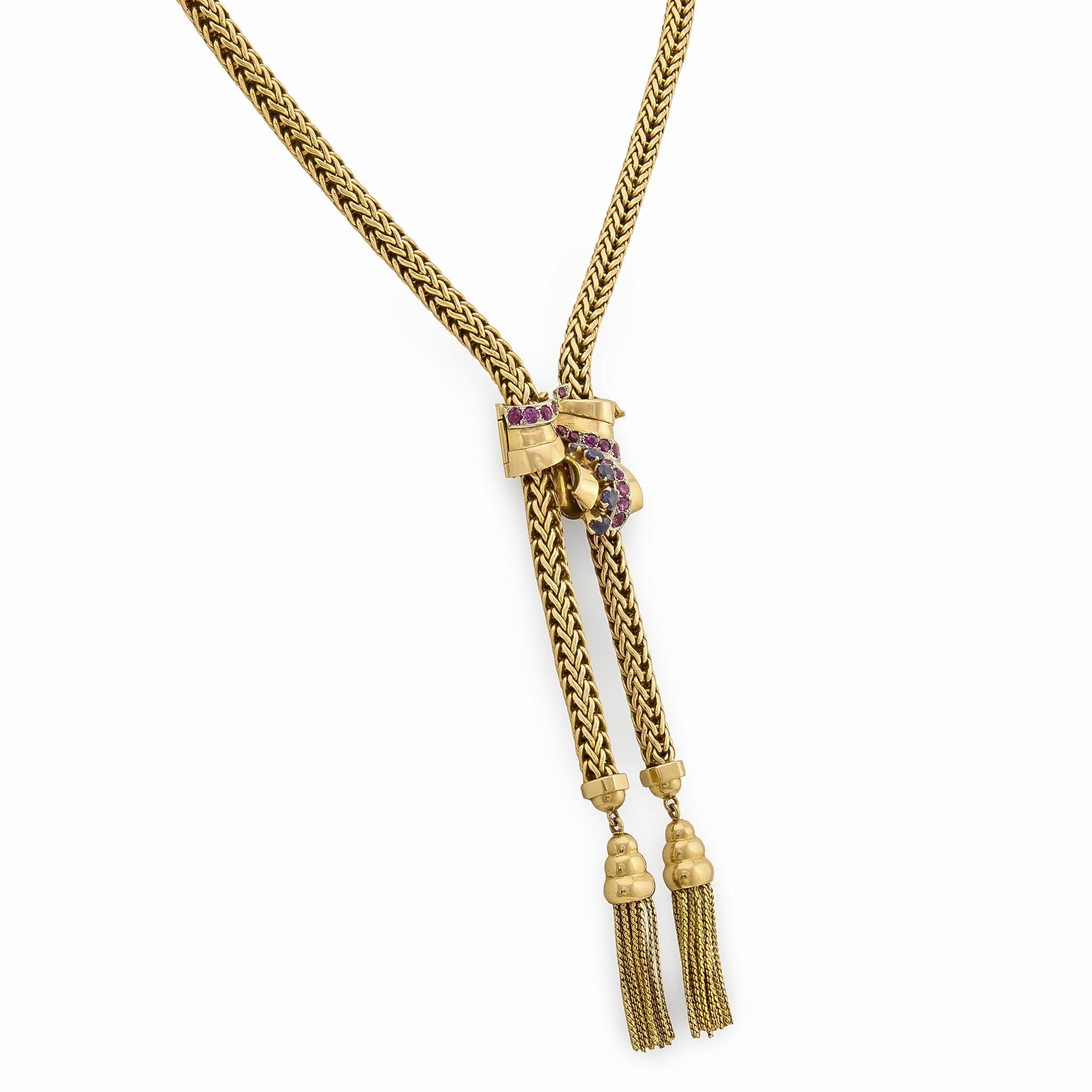 Rétro Collier rétro rubis saphir en or jaune 18k en vente