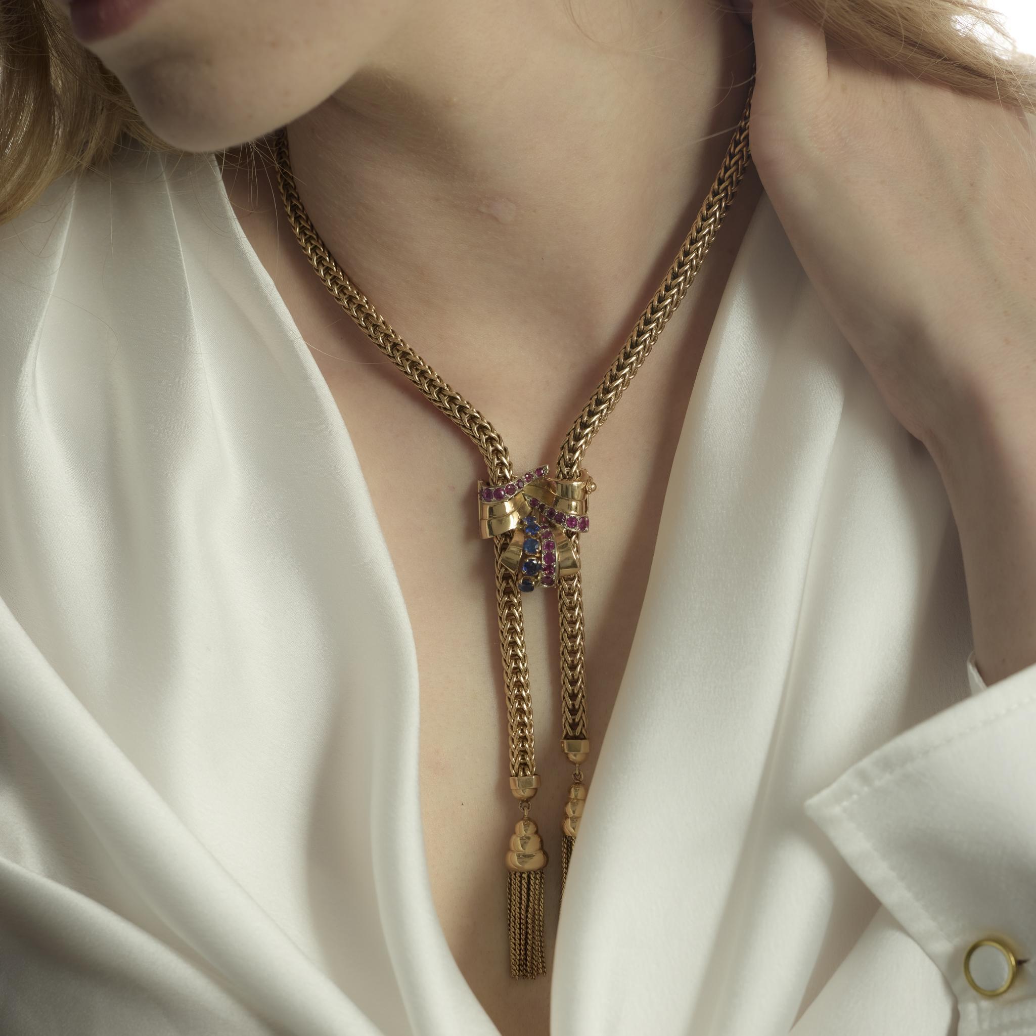 Collier rétro rubis saphir en or jaune 18k Pour femmes en vente