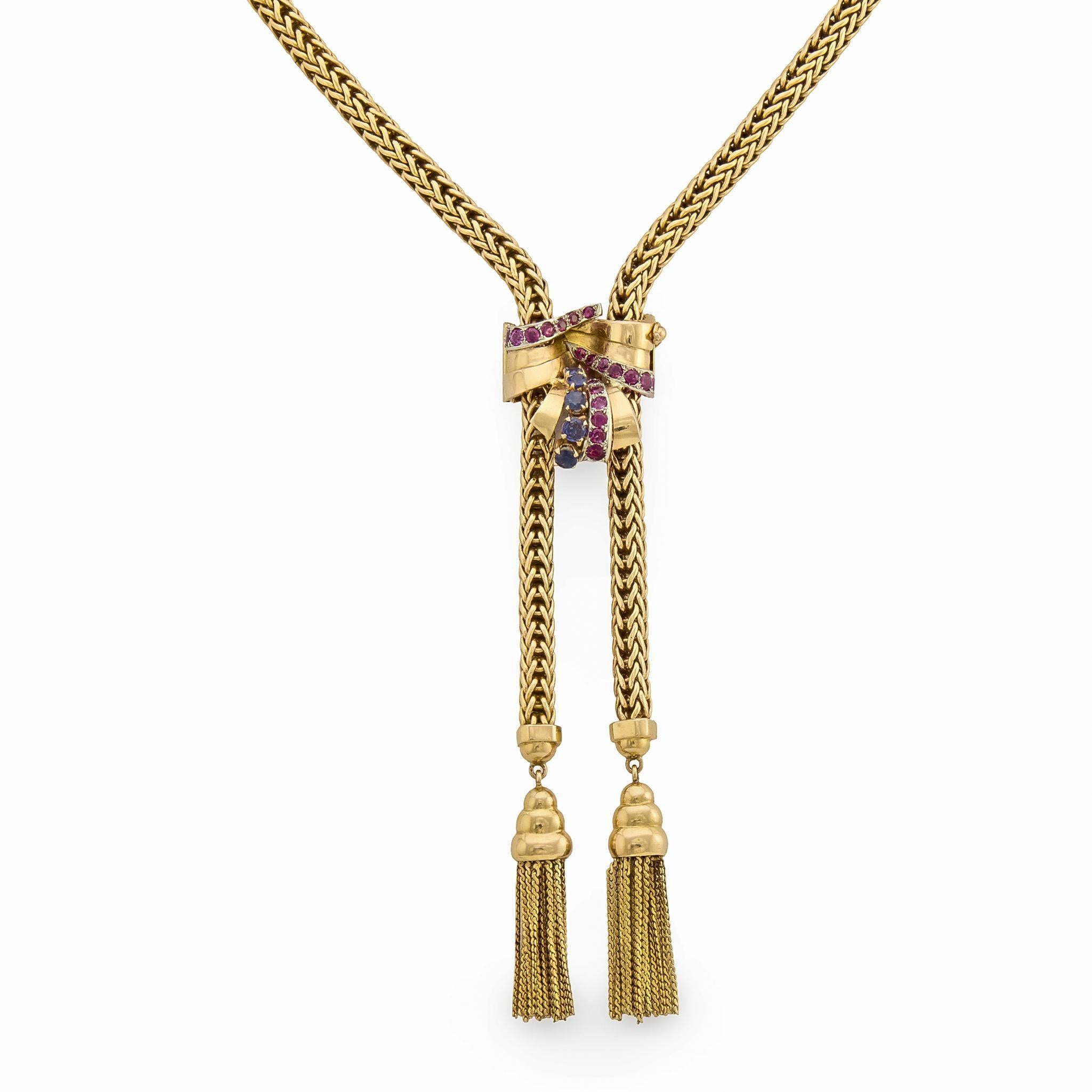 Collier rétro rubis saphir en or jaune 18k en vente