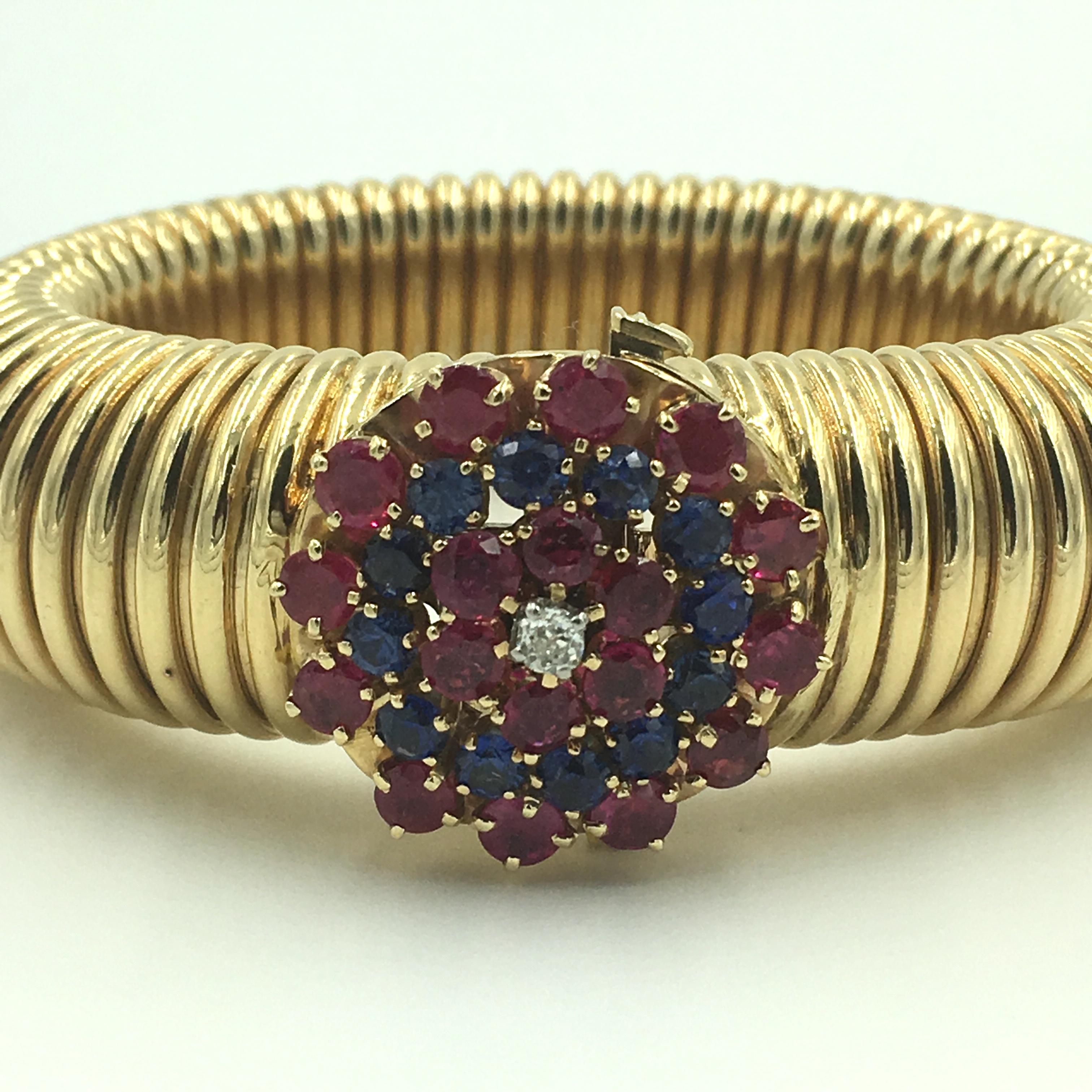 Retro Ruby Sapphire Diamond and Gold Tubogas Bracelet In Excellent Condition In New York, NY